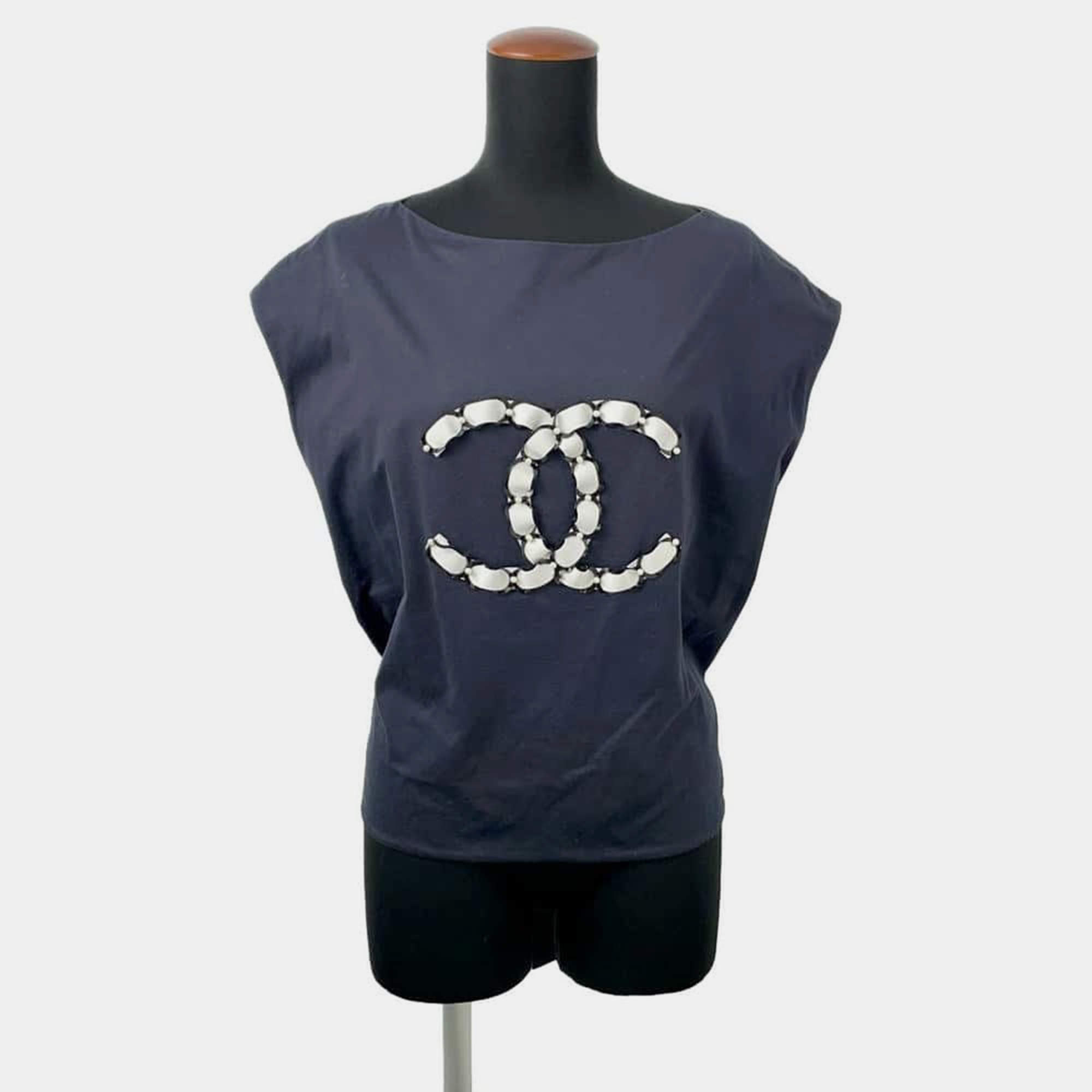Chanel Navy/White/Black Cotton CC Logo Sleeveless Shirt Size 34   Bag