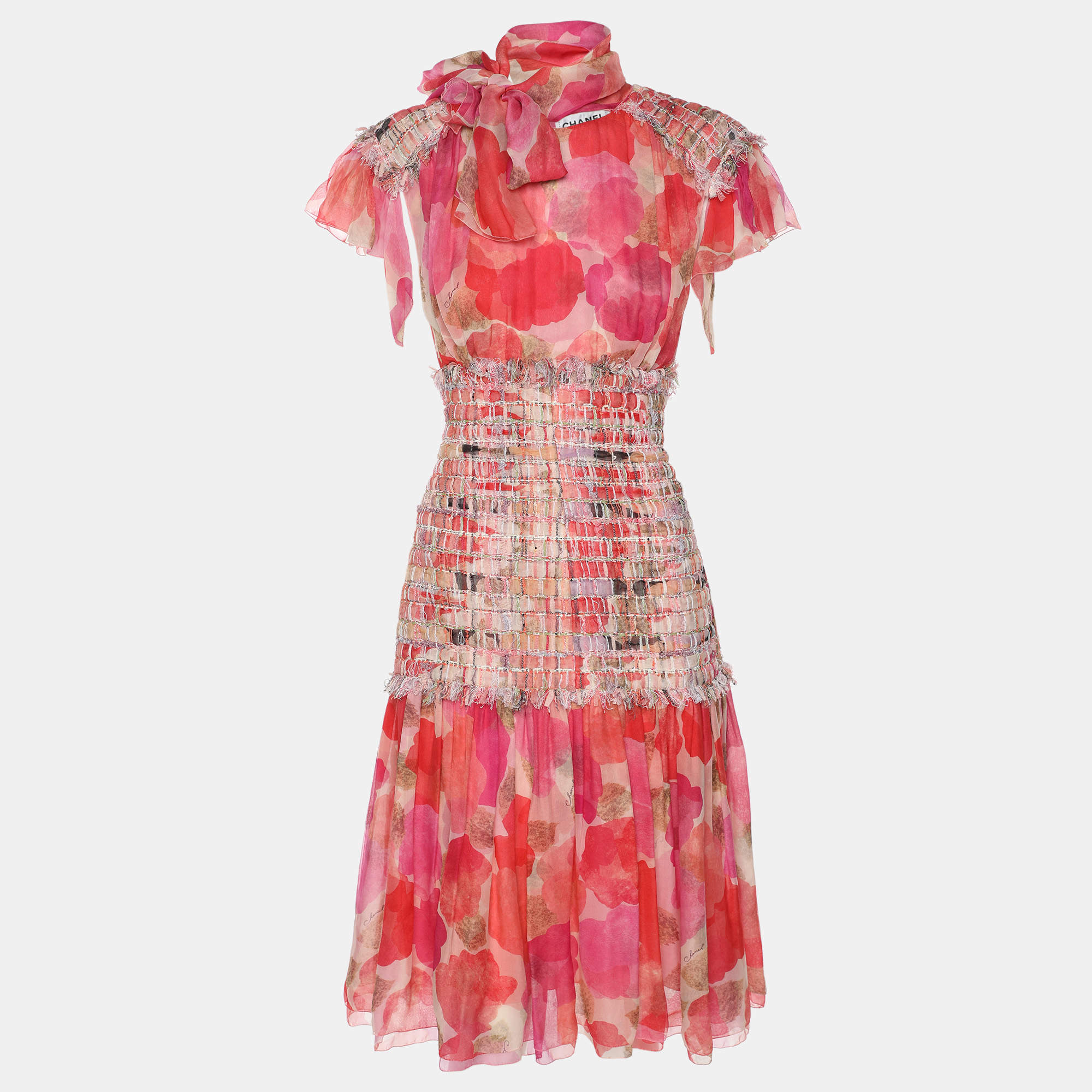 Chanel Multicolor Silk and Tweed Midi Dress M
