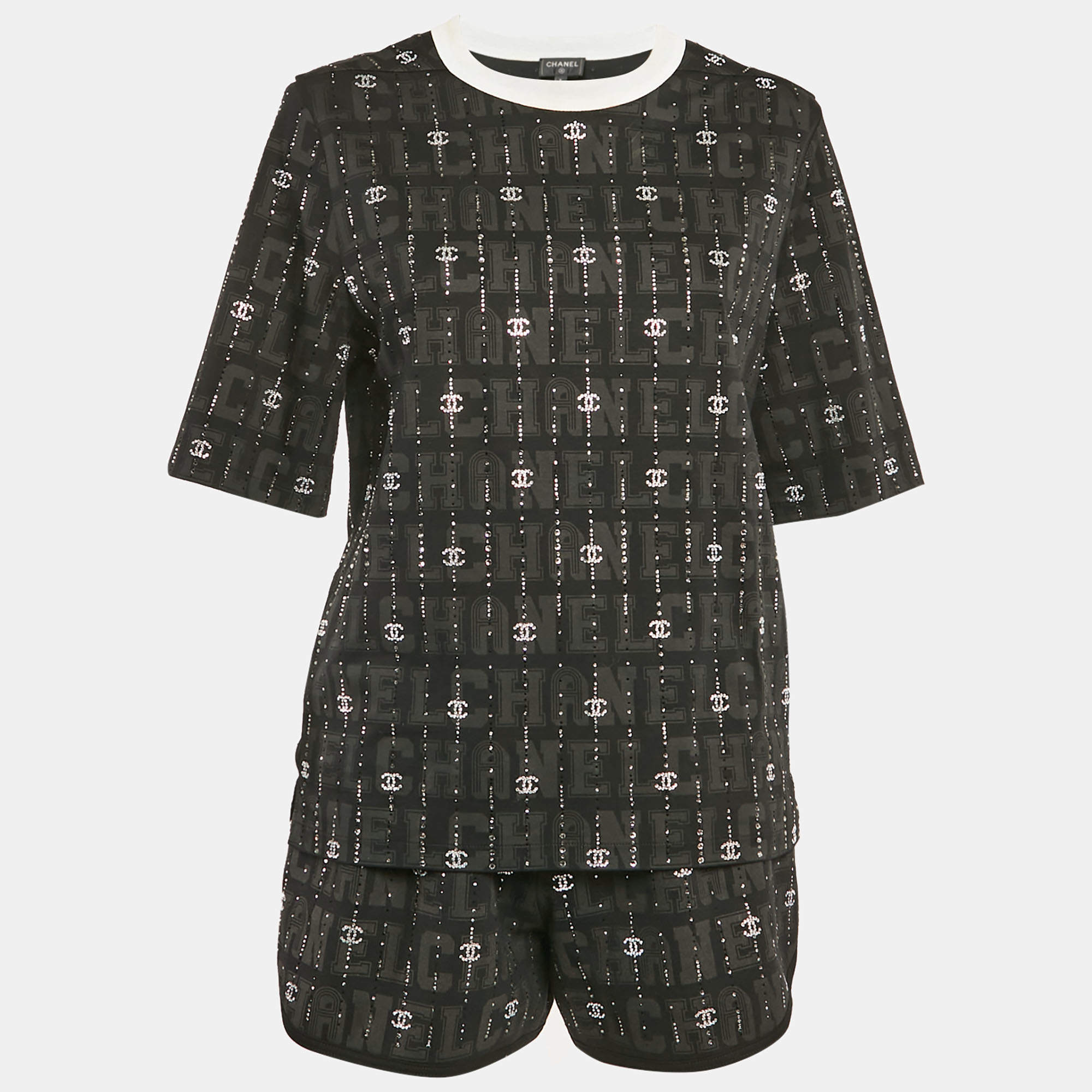 Chanel Black CC Rhinestone Cotton Jersey T-Shirt and Shorts Set S