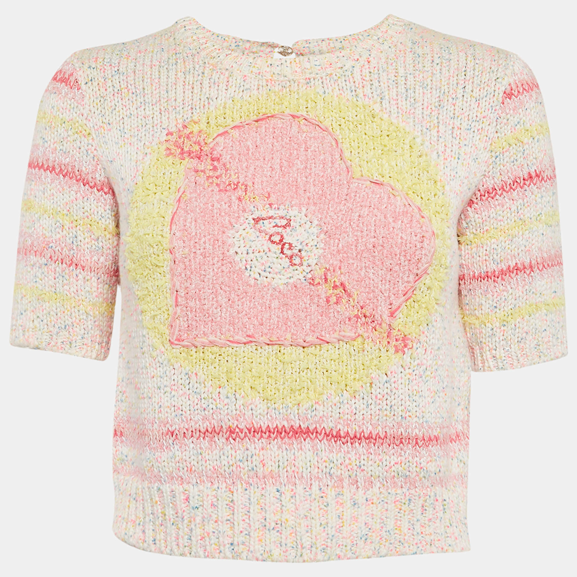 Chanel Pink Coco Heart Intarsia Rib Knit Sweater S