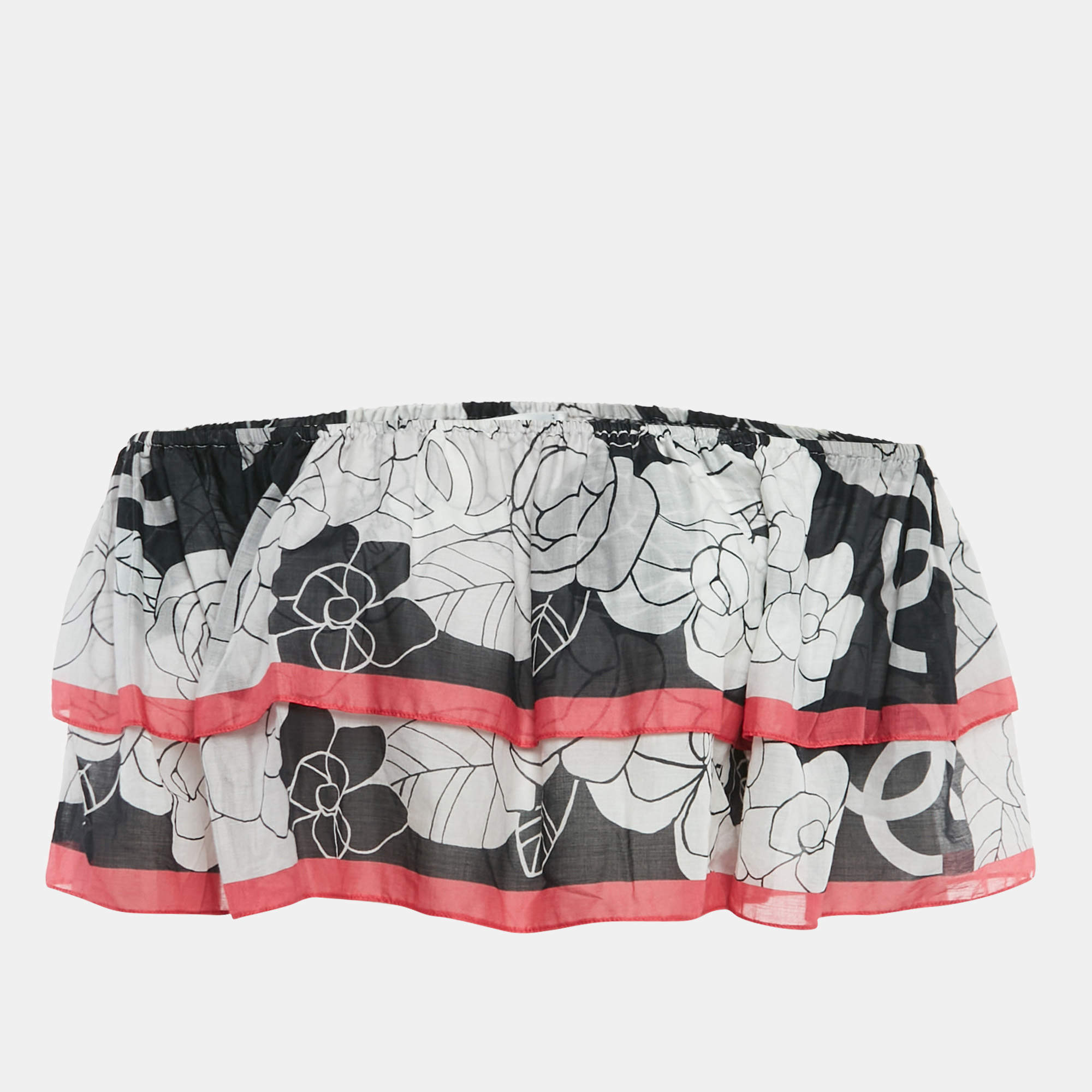 Chanel White/Pink Floral Print Cotton Ruffled Top S