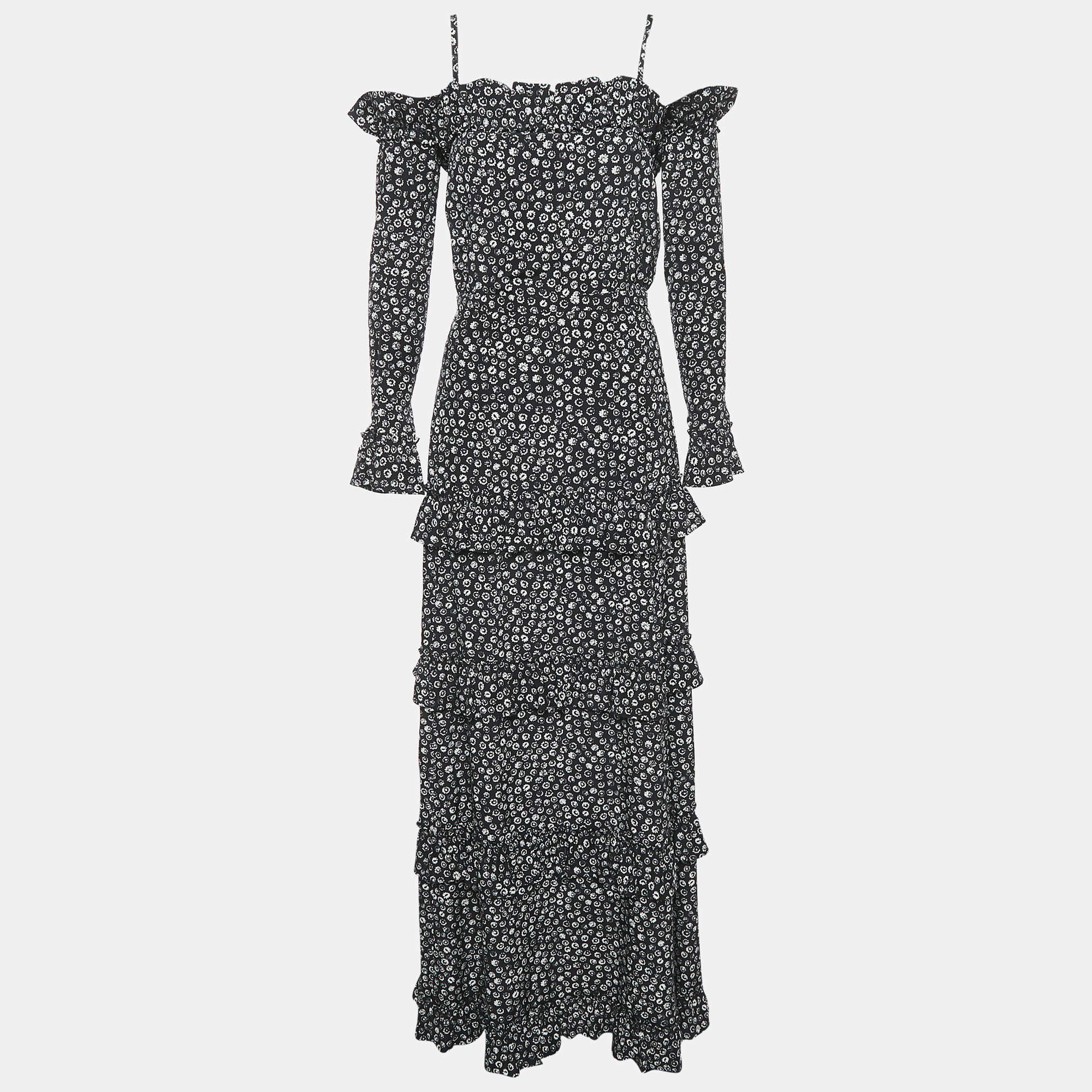 مملوكة مسبقًا Chanel Black Floral Print Silk Ruffled Sleeve Detail Maxi Dress S