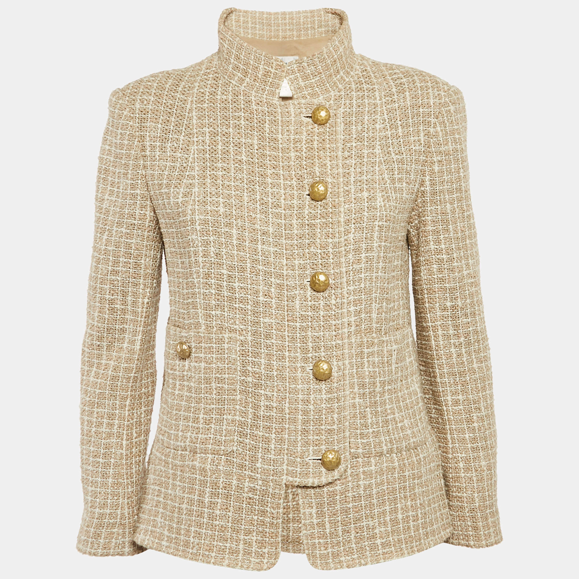 Pre Owned Chanel Beige Checks Tweed Zip-Up Jacket L