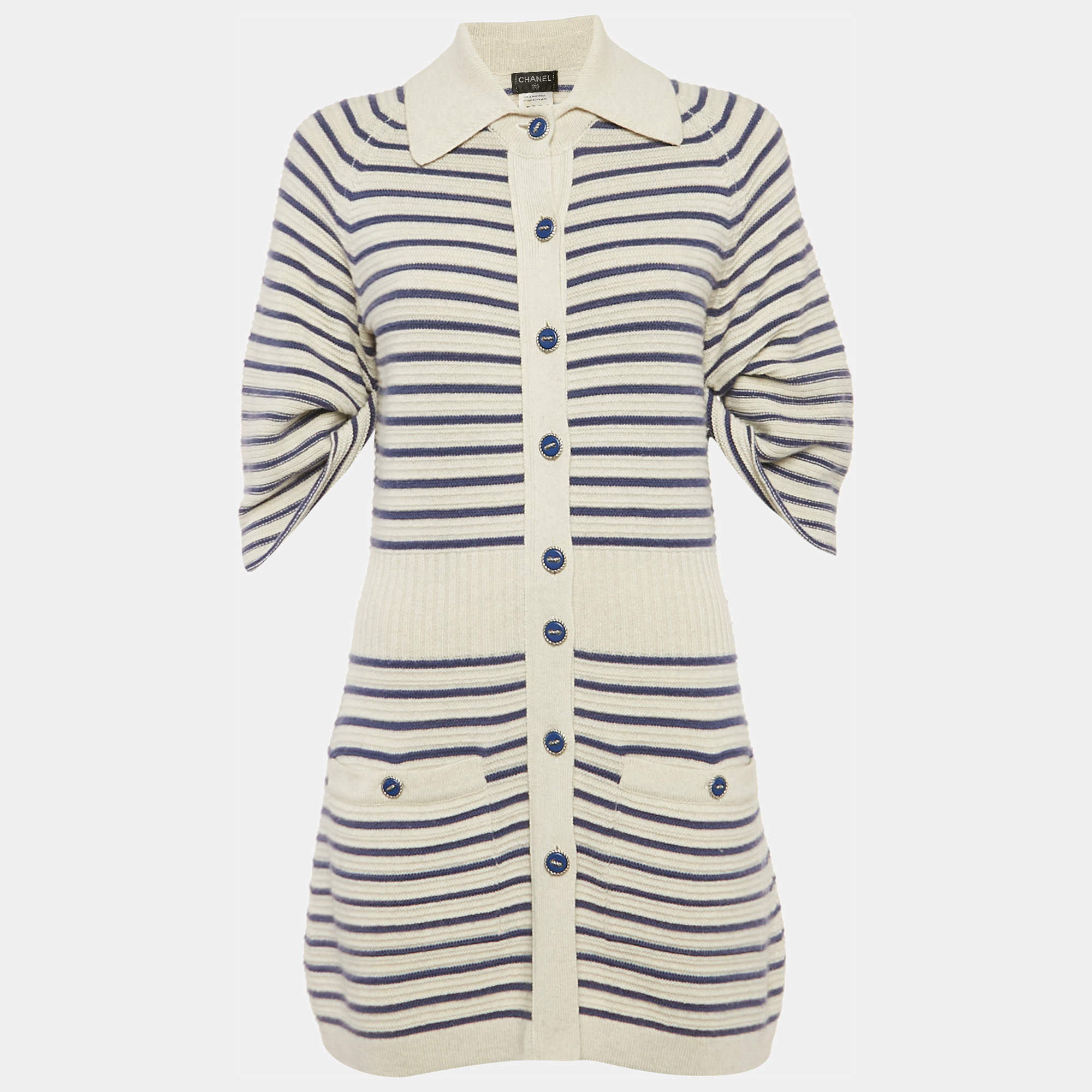 Pre Owned Chanel White/Blue Striped Rib Knit Buttoned Mini Dress M