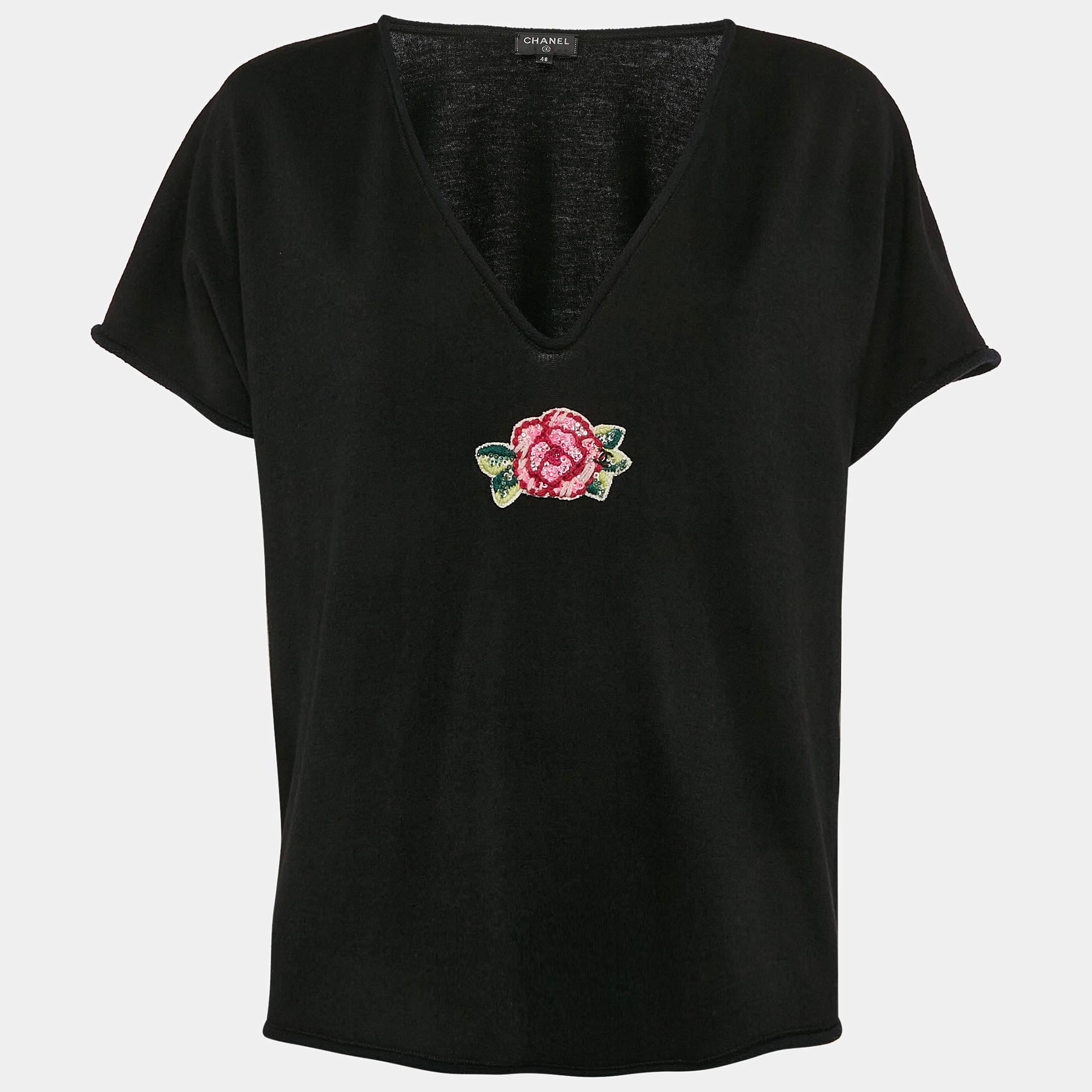 Pre Owned Chanel Black Rose Embroidered Wool Blend V-Neck Top XL