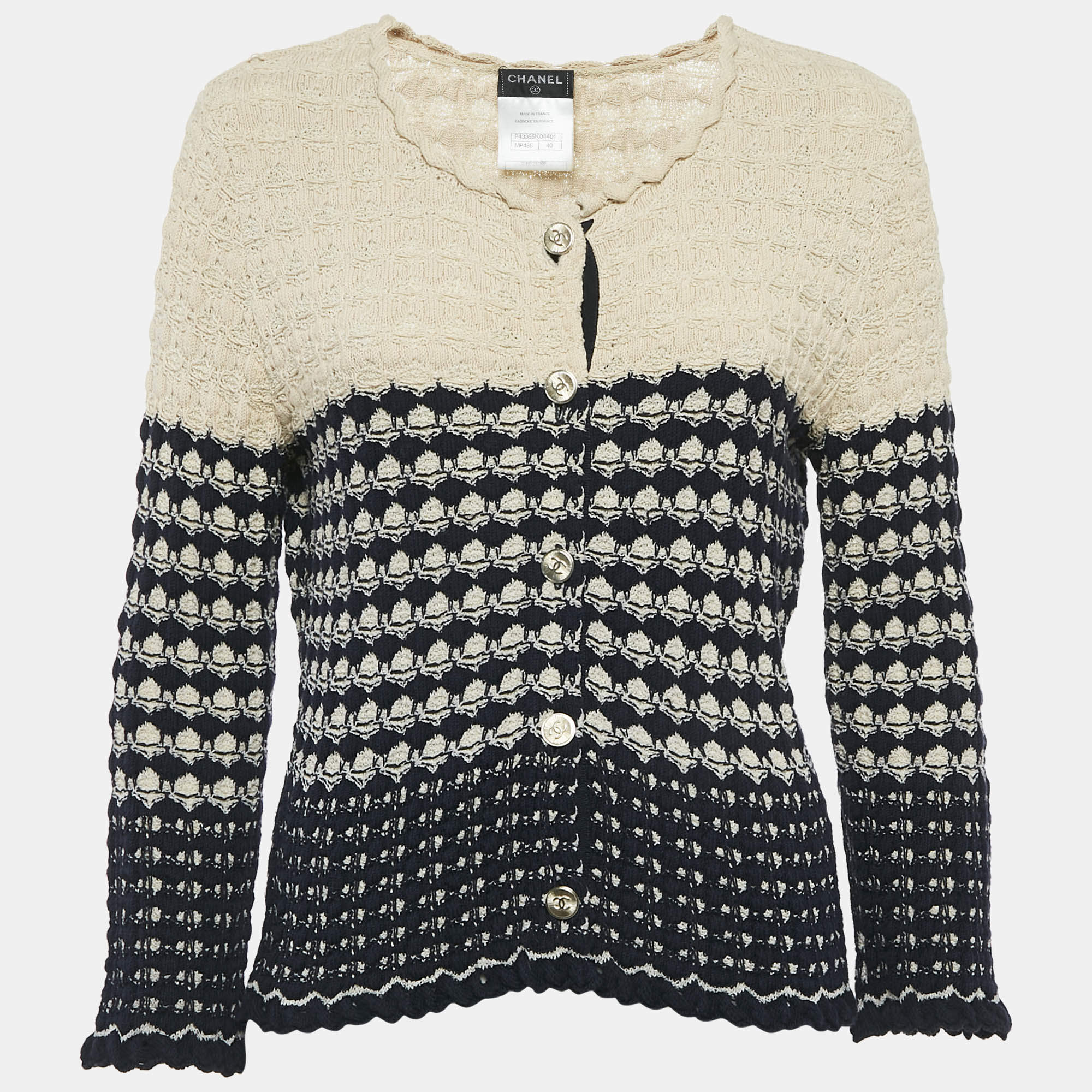 Chanel Navy Blue/Beige  Patterned Knit Button Front Cardigan M