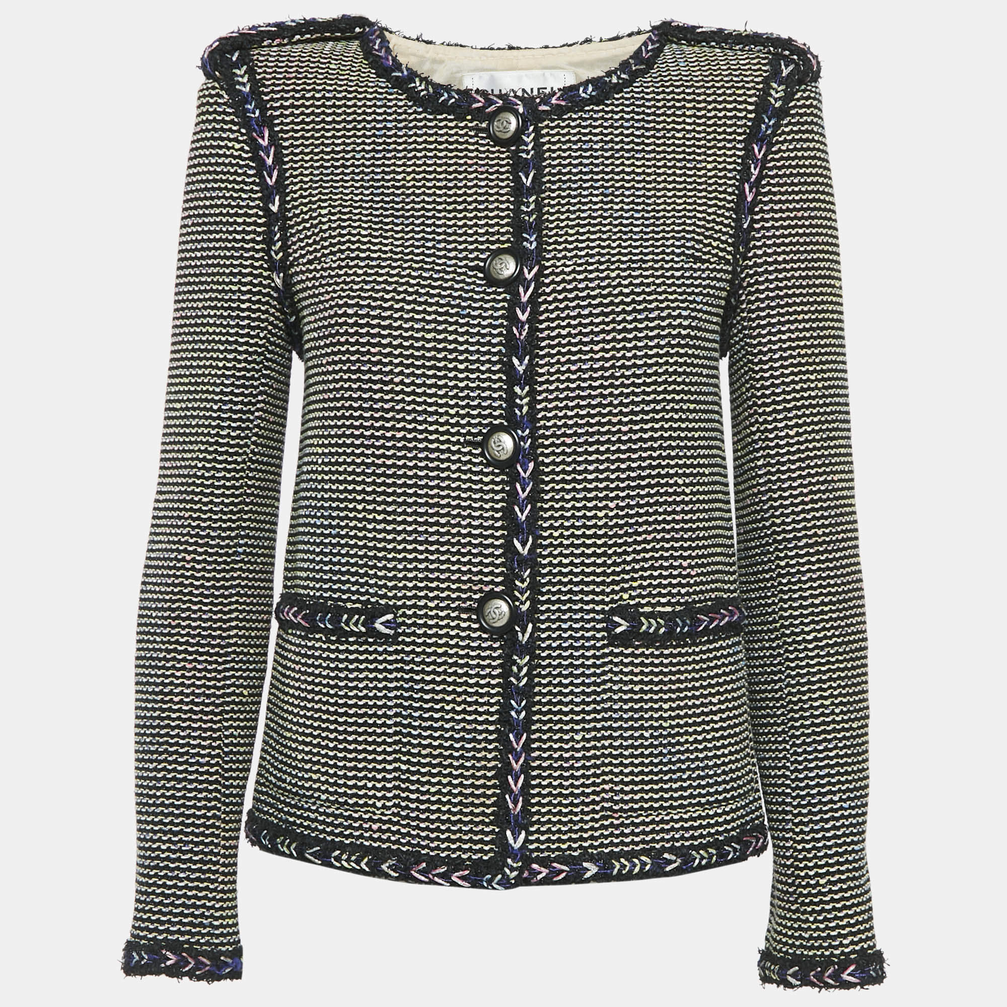Pre Owned Chanel Black Tweed Button Front Jacket M