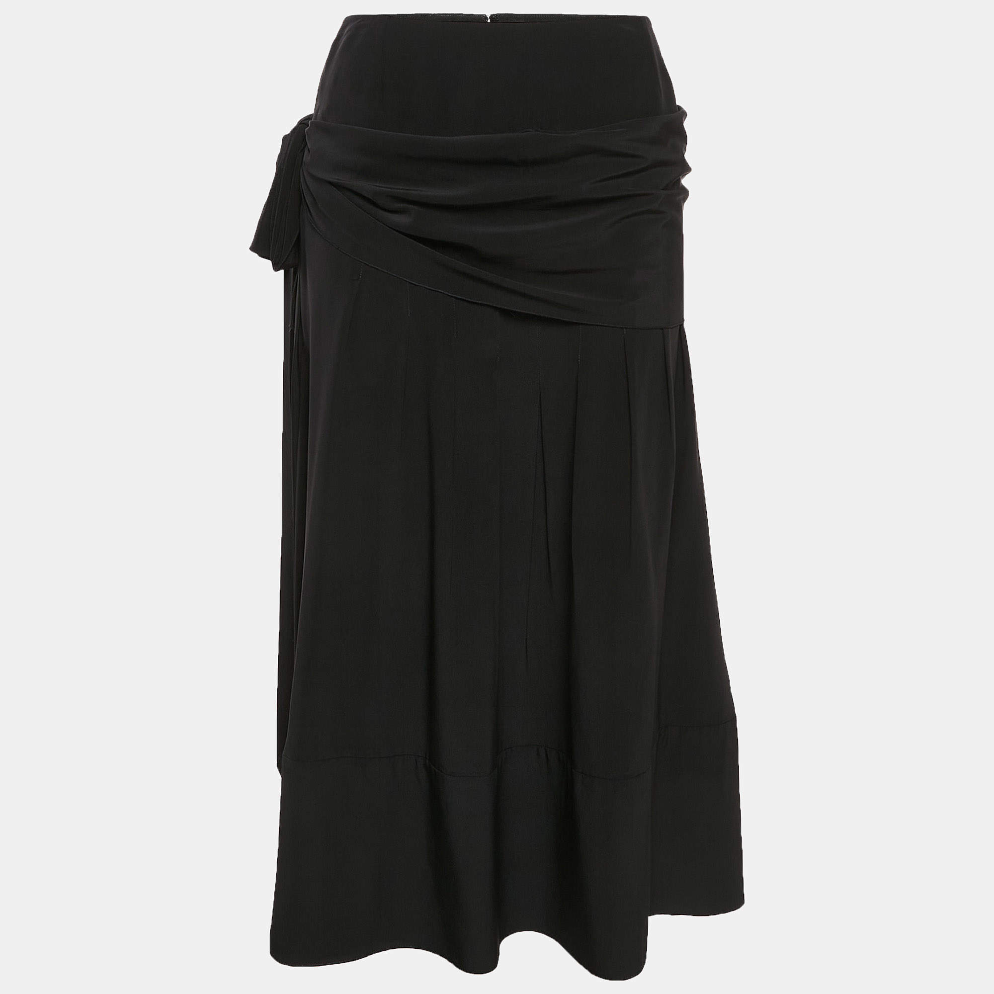 Chanel Black Silk Draped Style Flared Midi Skirt M