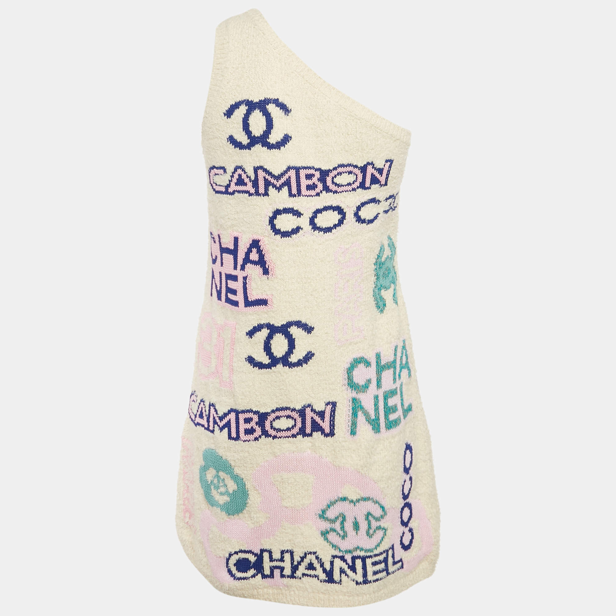 Chanel Off-White Intarsia Cotton Knit One-Shoulder Mini Dress S 