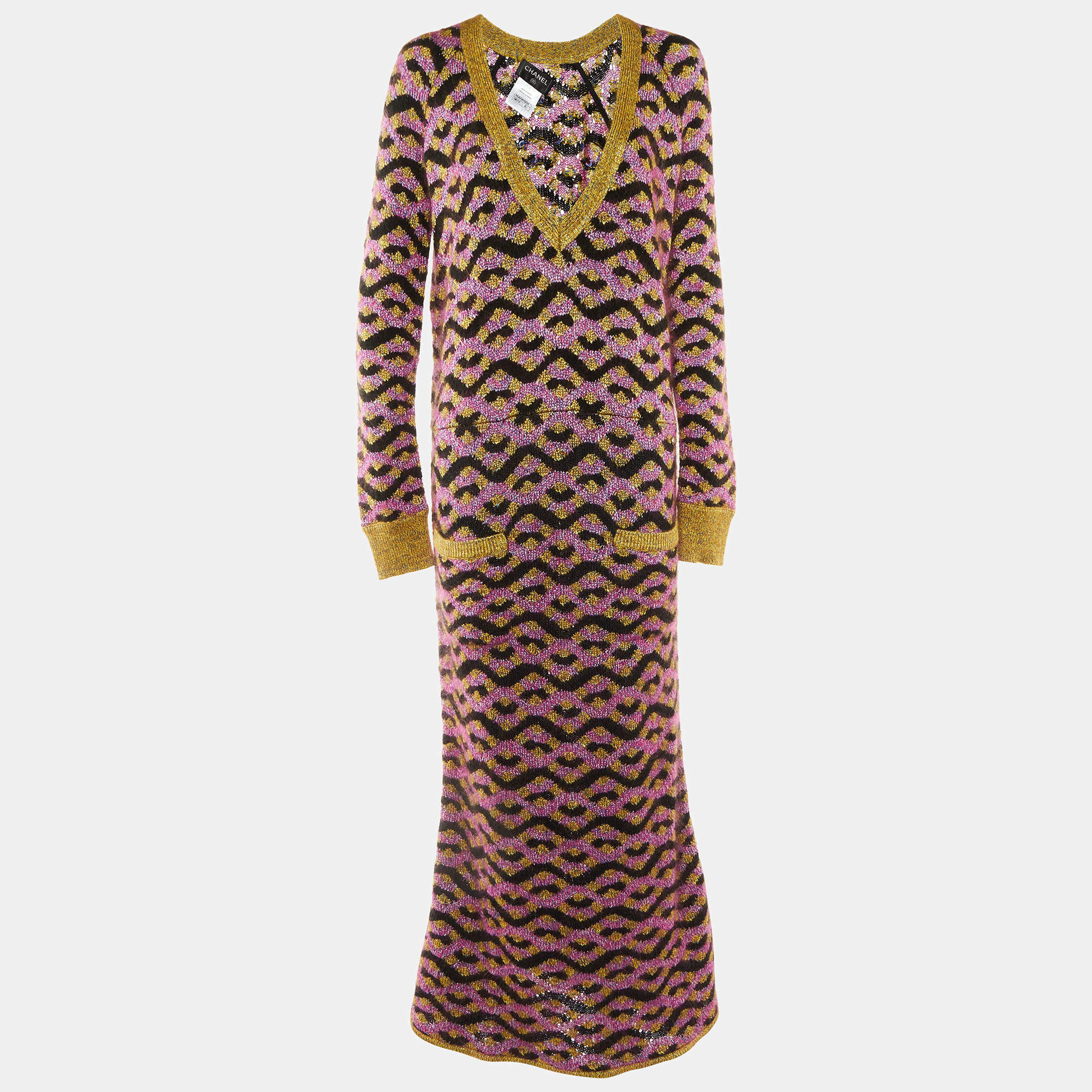Chanel Multicolor Zig Zag Silk & Mohair Knit Maxi Dress M