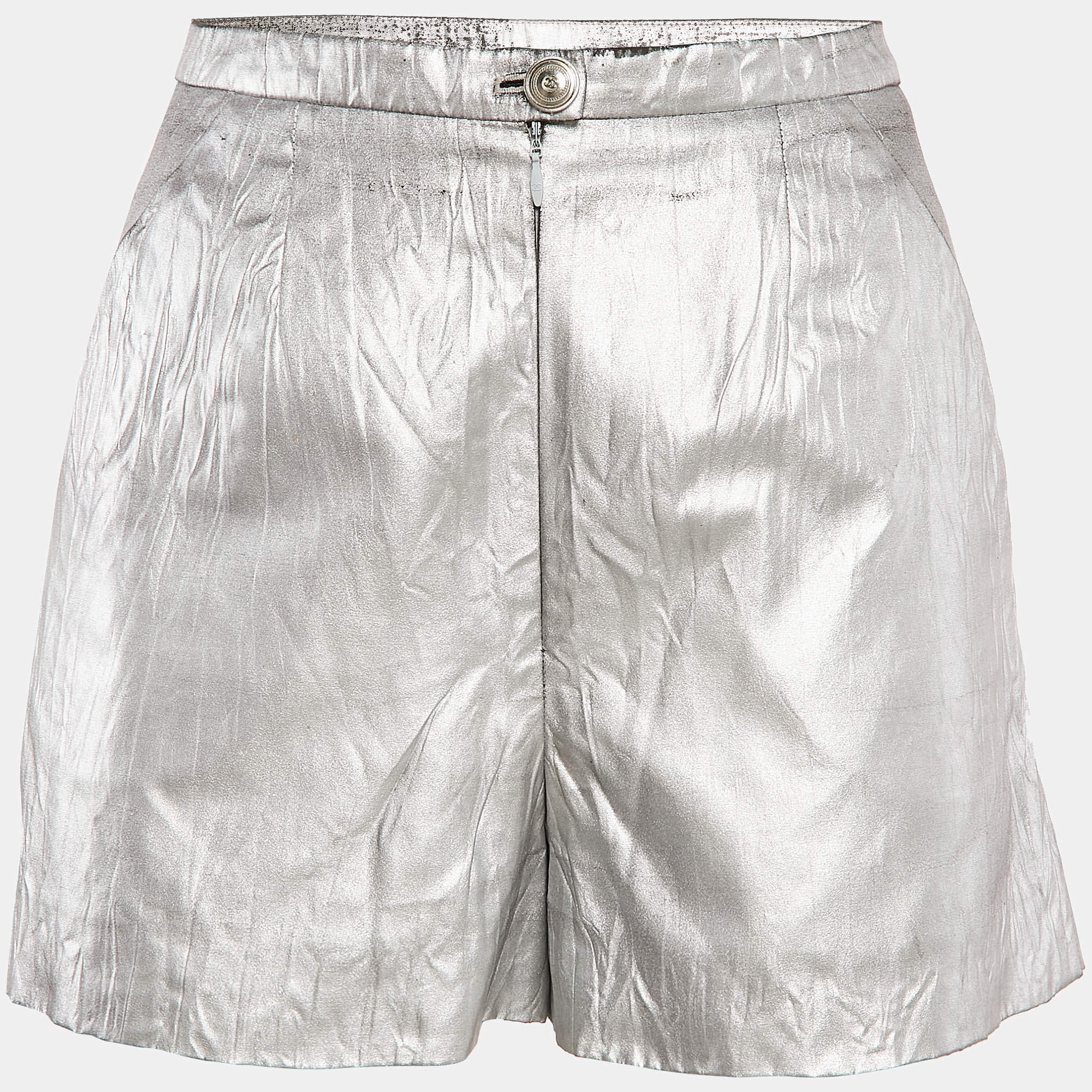 Pre Owned Chanel Silver Coated Synthetic Shorts S