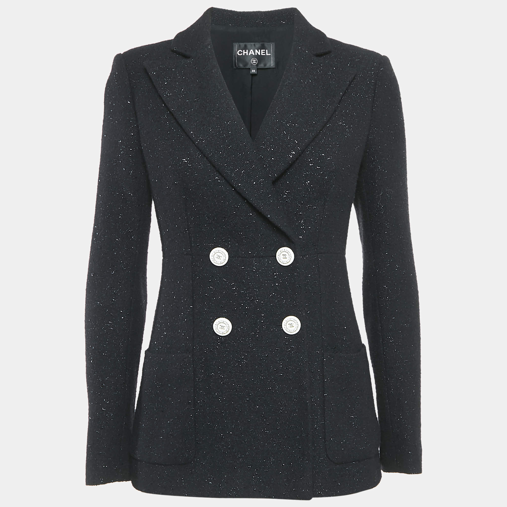 Chanel Black Wool Blend Tweed Double Breasted Blazer M