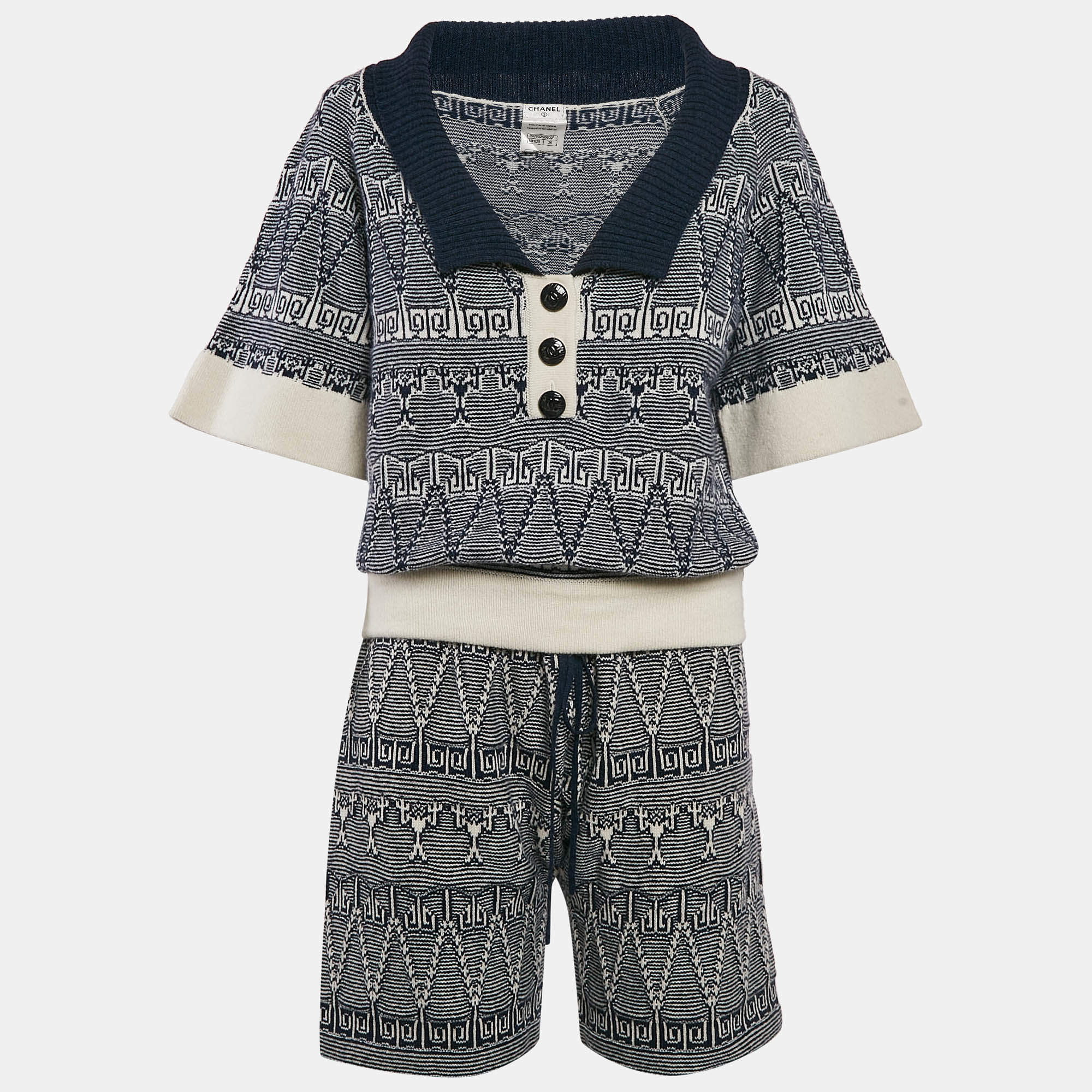 Chanel Navy Blue Patterned Cashmere Knit Top and Shorts S