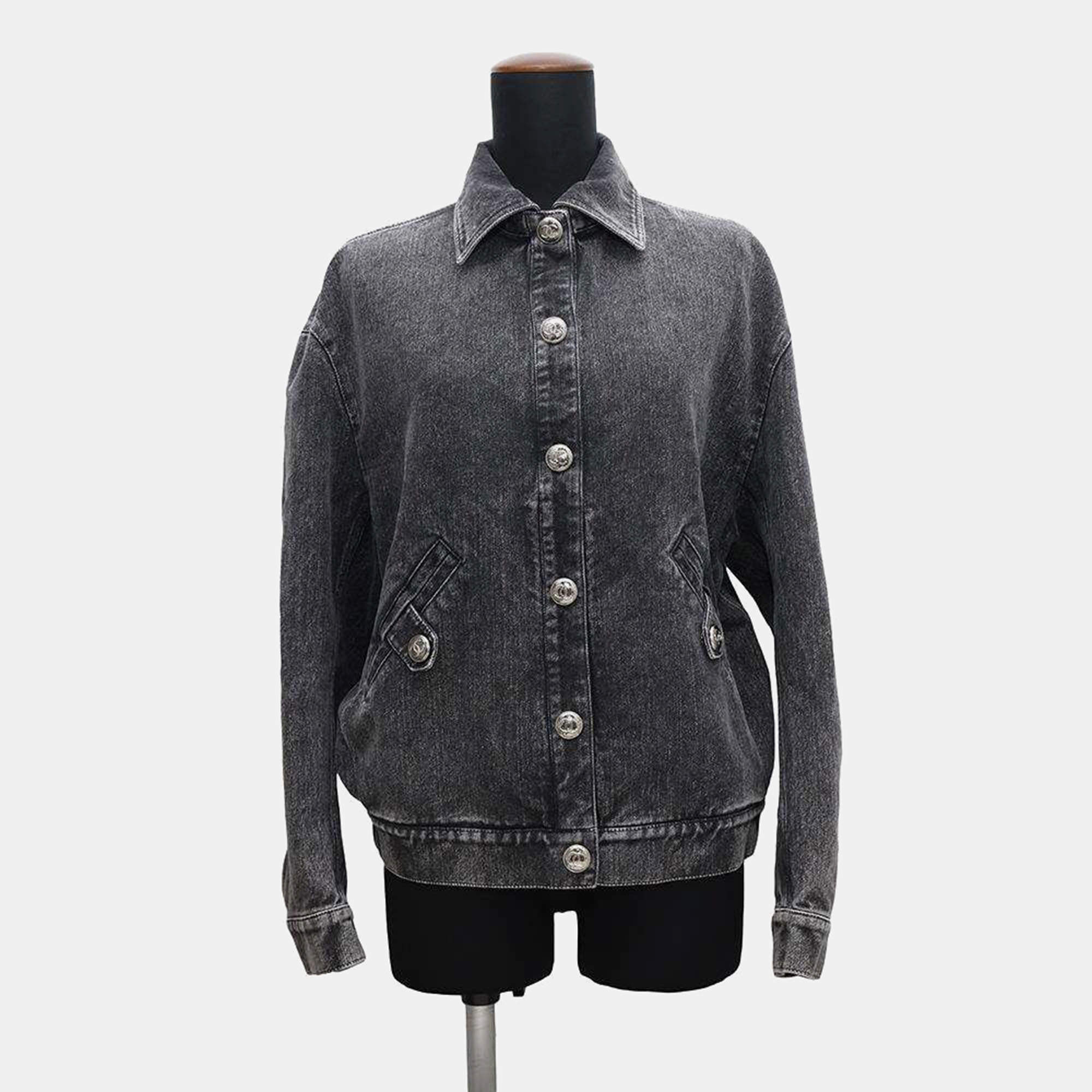 Chanel Coco Button Denim Jacket Size 36 Black Cotton 70% Viscose 18% Polyester 12%