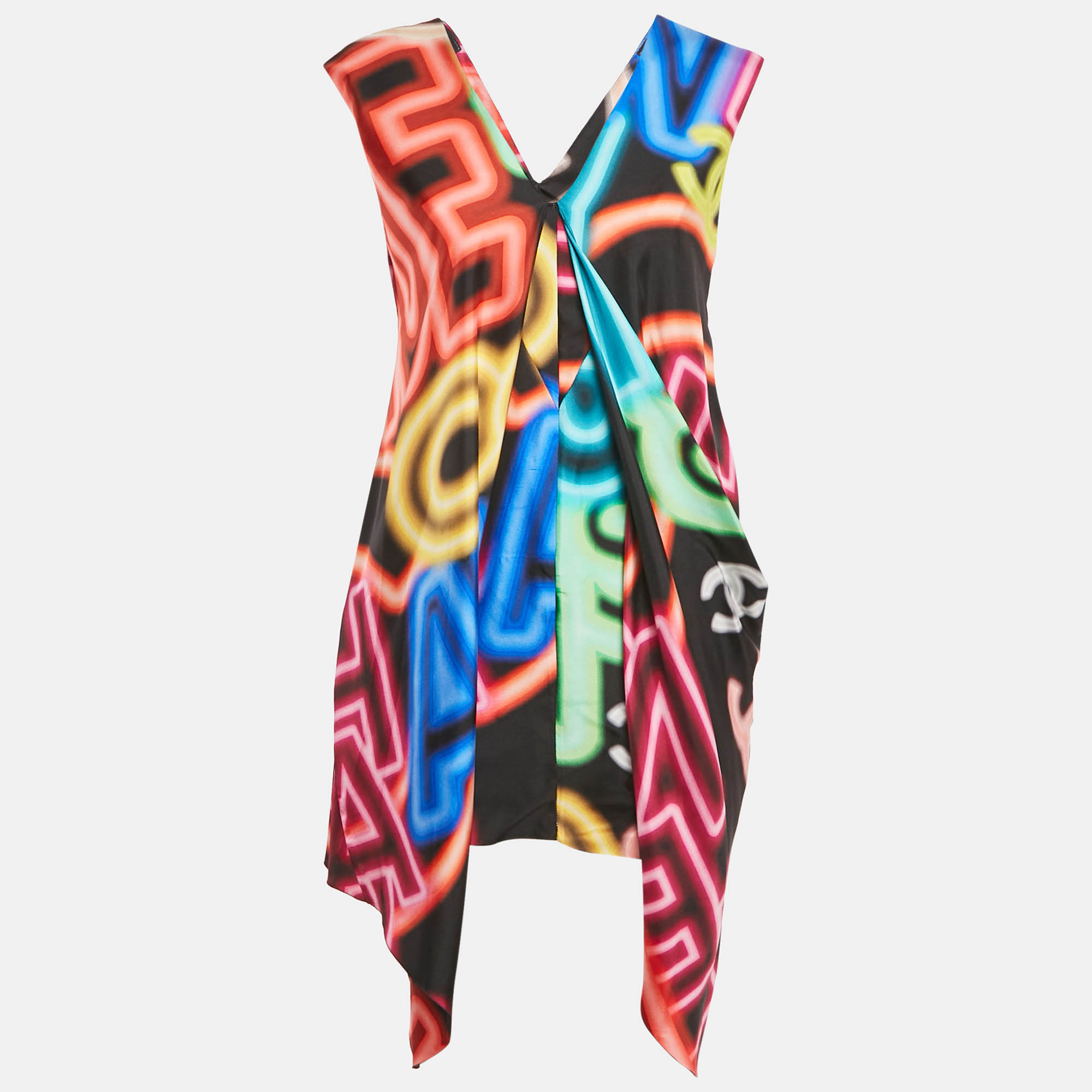  Chanel Multicolor Graffiti Print Silk Asymmetric V-Neck Mini Dress S