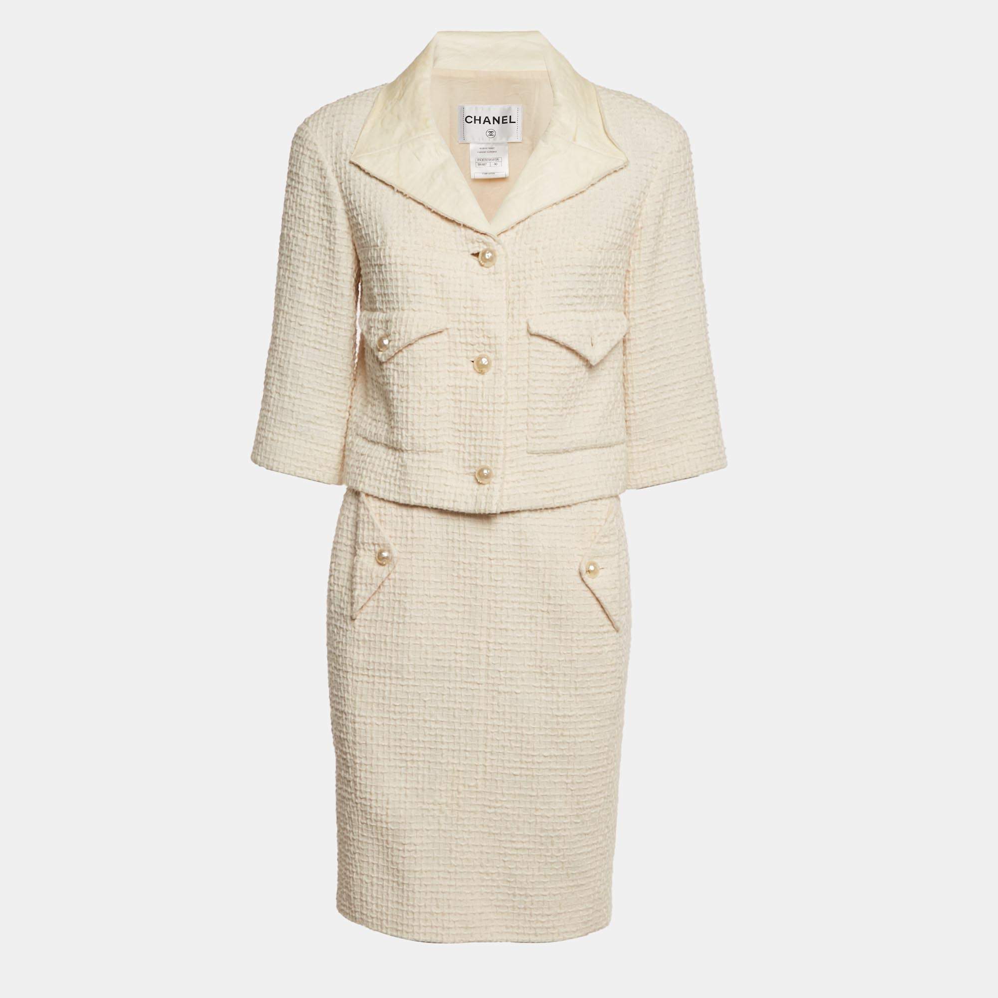 Pre Owned Chanel White Tweed Leather Trim Detail Jacket & Skirt Suit M