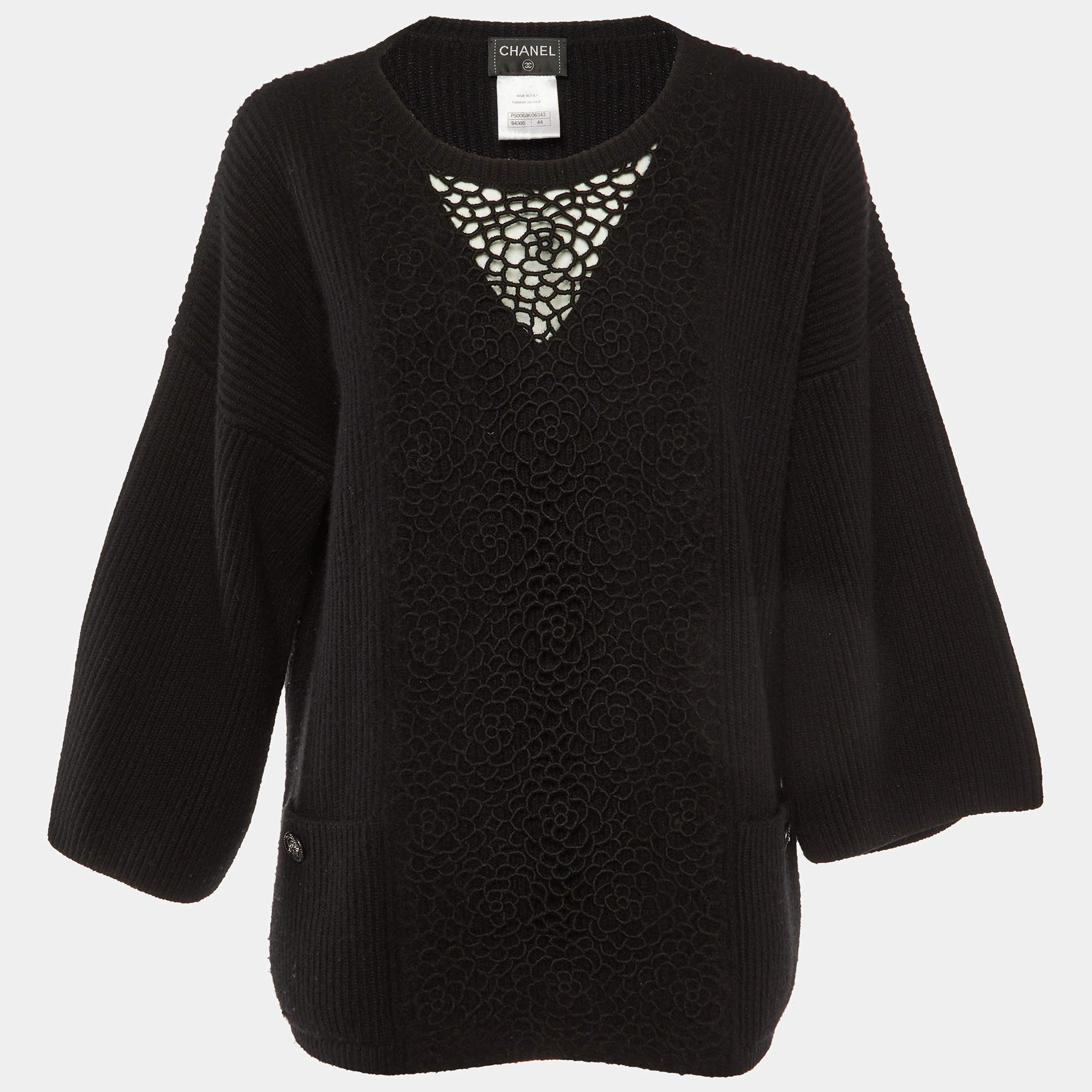 Chanel Black Camelia Cashmere Knit Crew Neck Sweater L