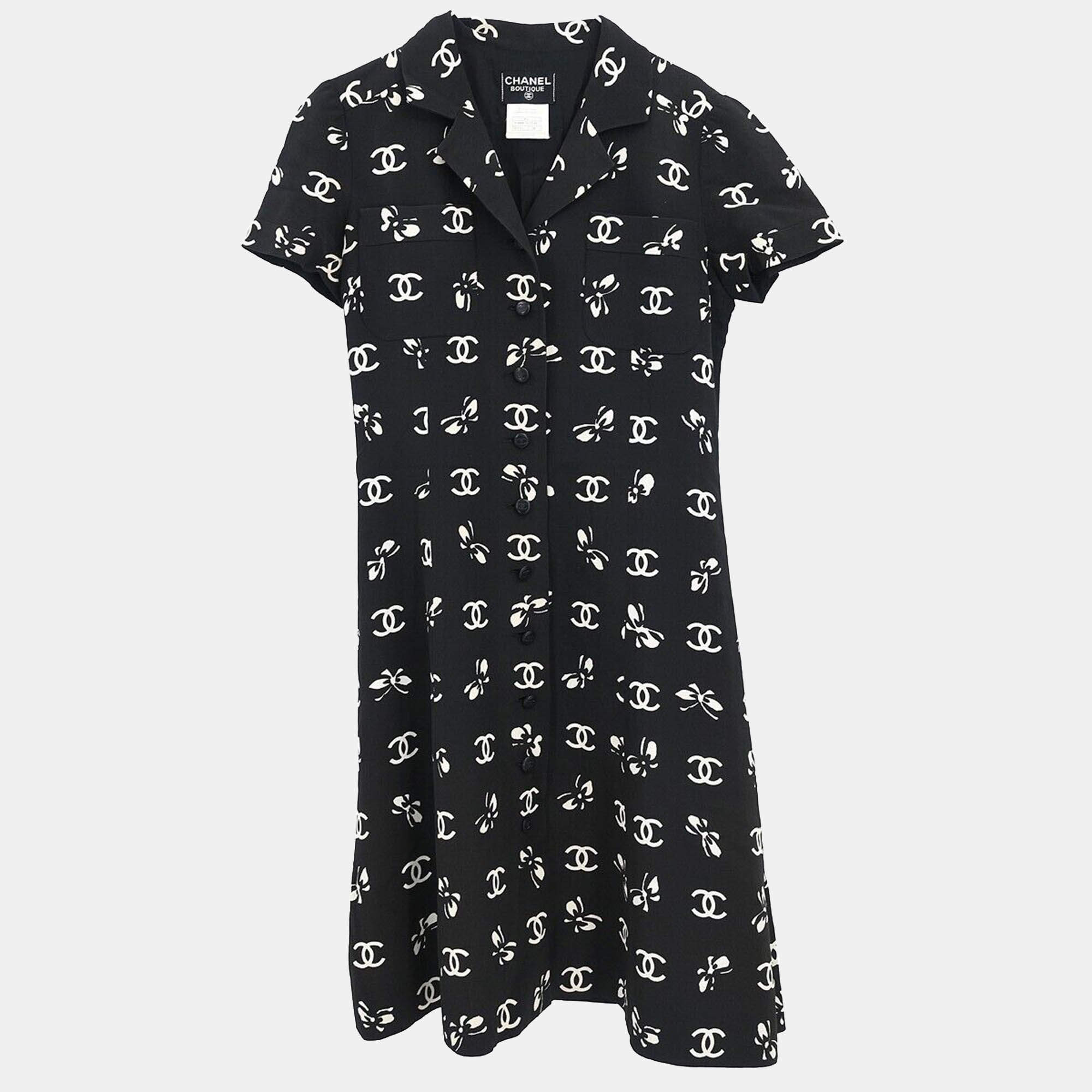 Pre Owned Chanel Black Silk and Acetate Short Sleeve Dress Women Size 38