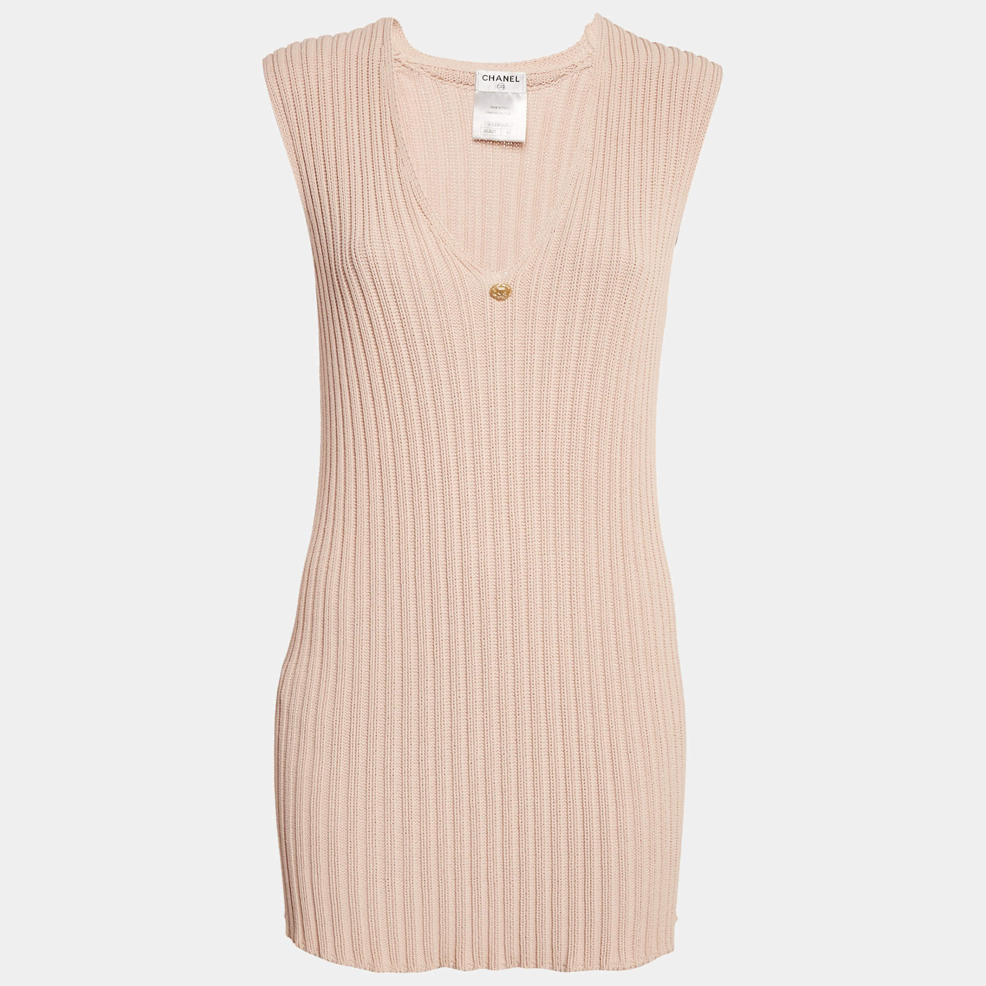 Chanel Pink Rib Knit V-Neck Mini Sweater Dress L