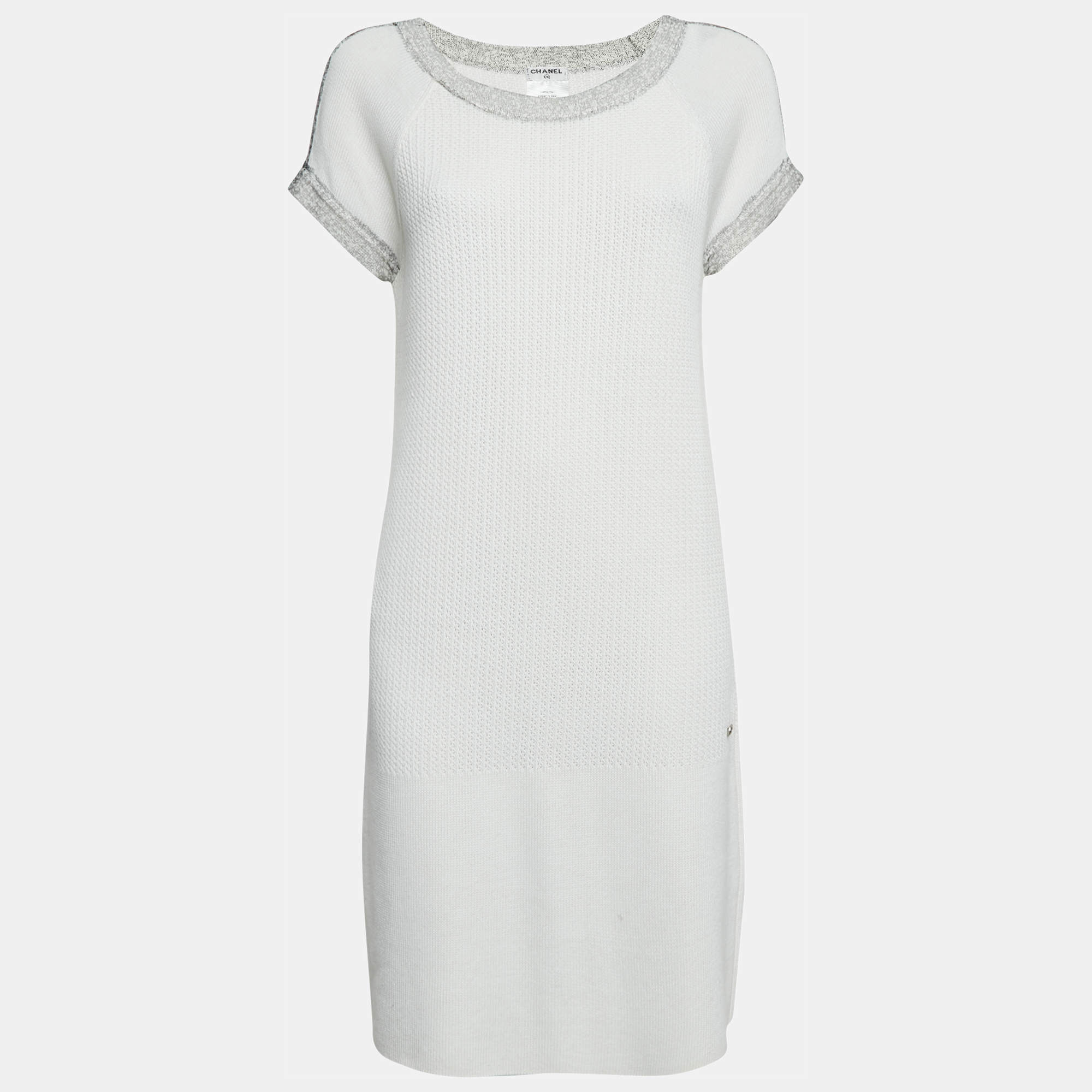Chanel White Cotton Knit Round Neck Short Dress M