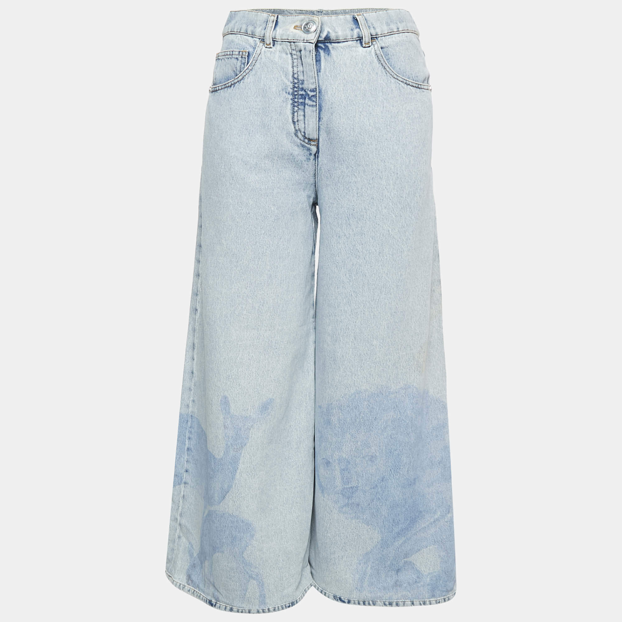 Chanel Light Blue Animal Print Denim Flared Jeans M Waist 28"