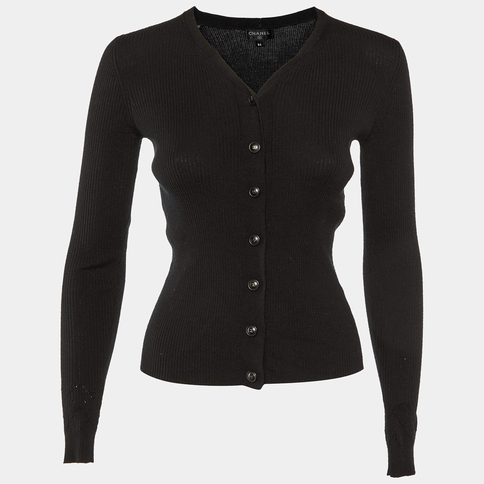 Chanel Black Wool & Cashmere Rib Knit Cardigan S