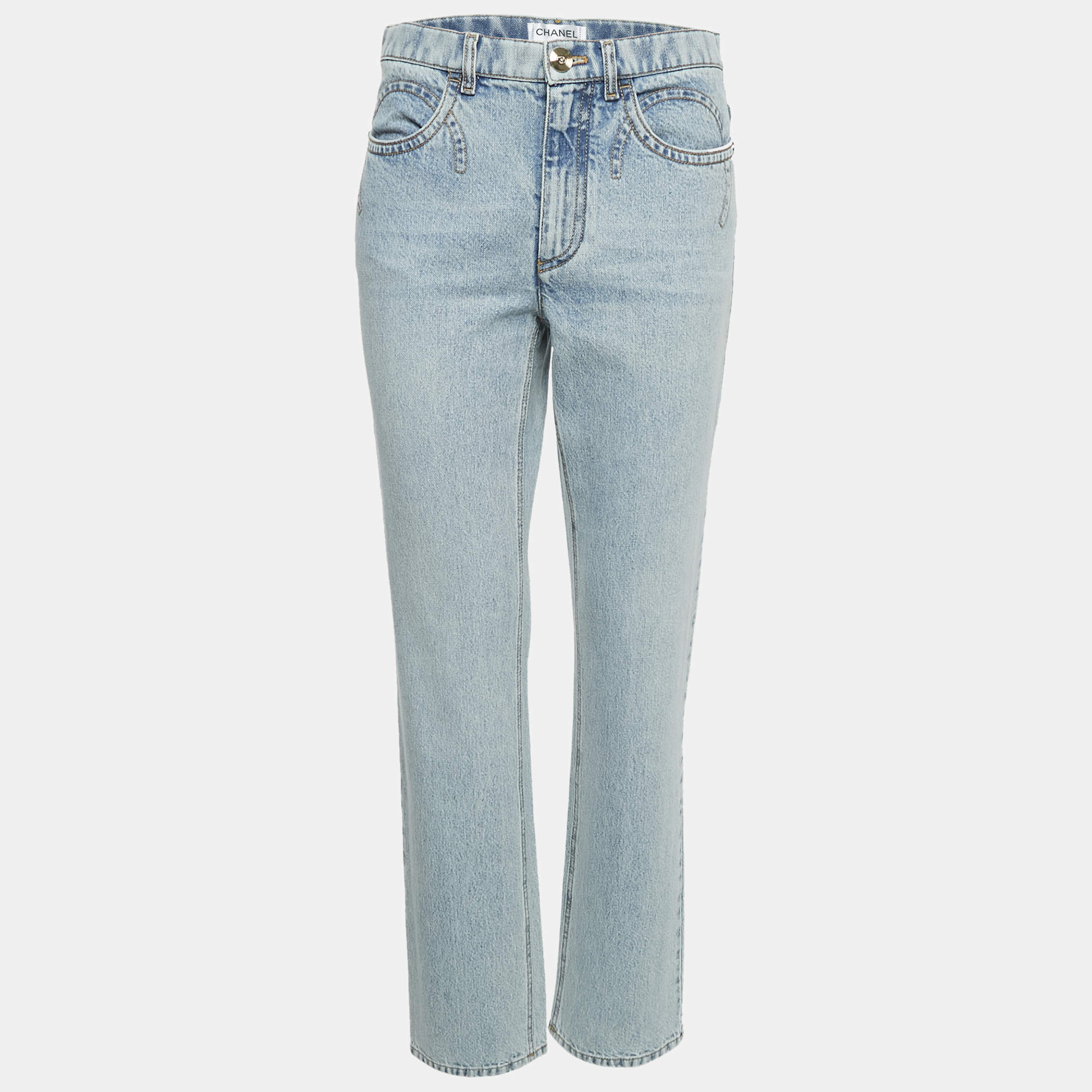 Pre Owned Chanel Blue Washed Denim Logo Tuft Detail Jeans S Waist 30"