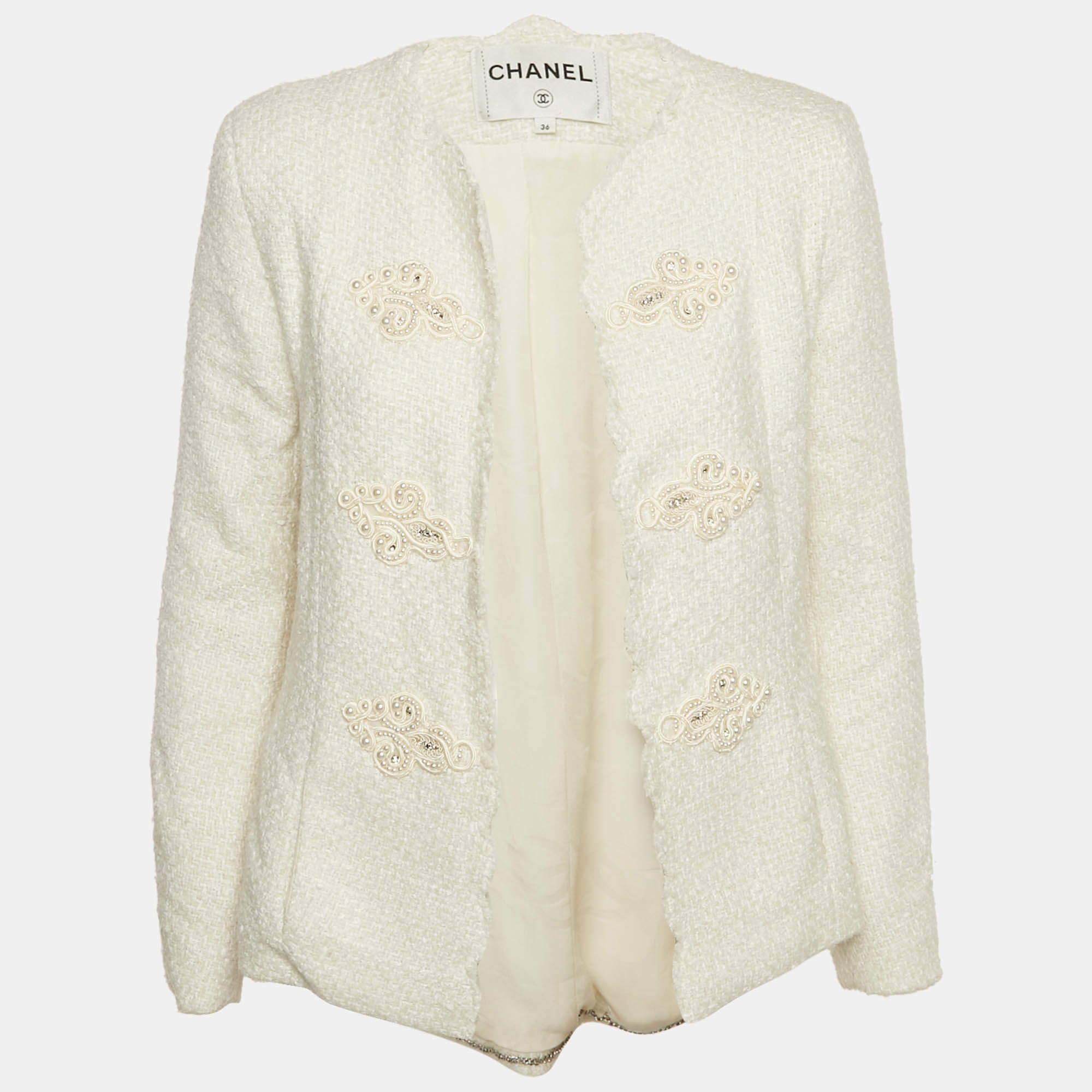 Chanel White Tweed Beads Embellished Jacket S