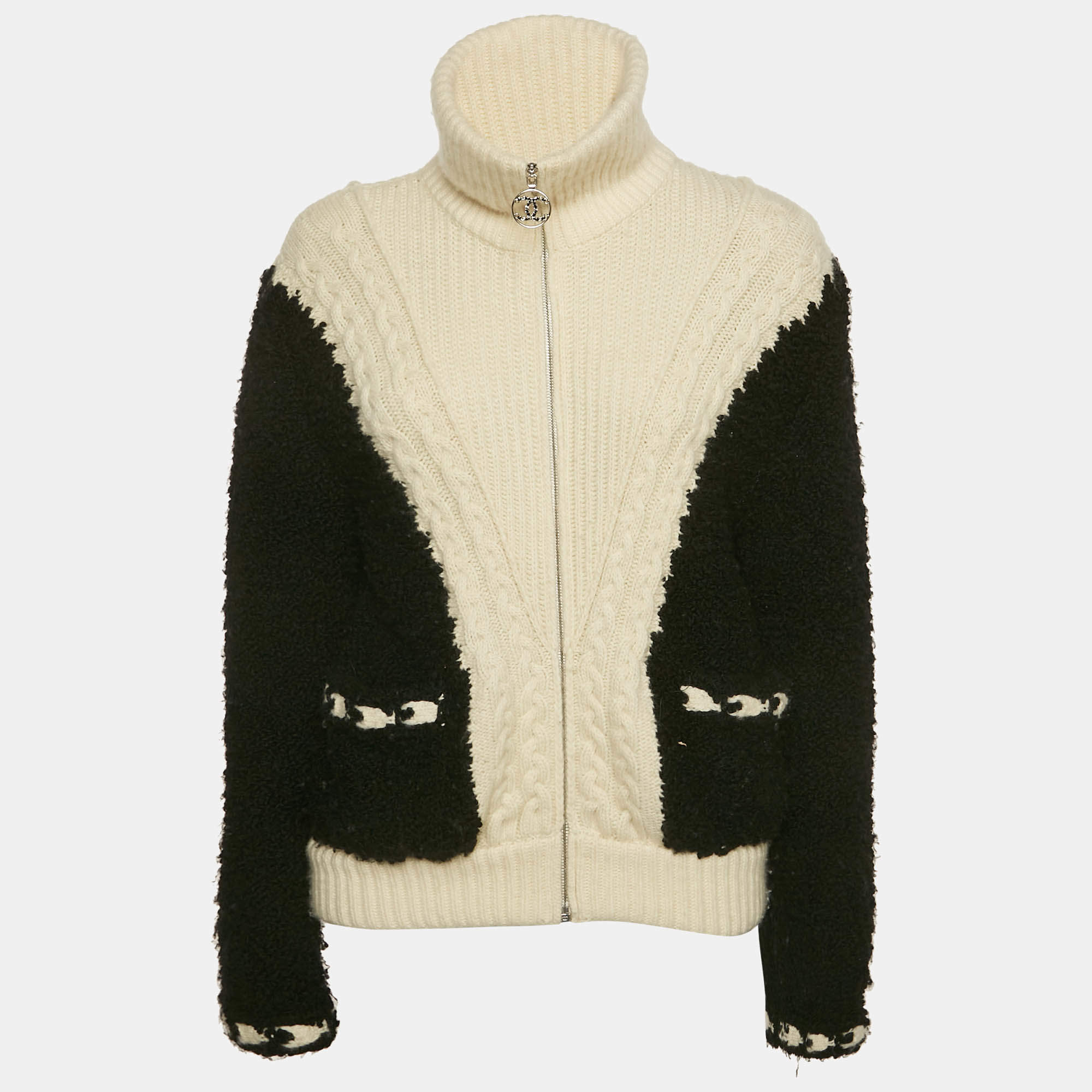 Chanel Black/White Cable Knit and Shearling  Zip-Up Jacket S