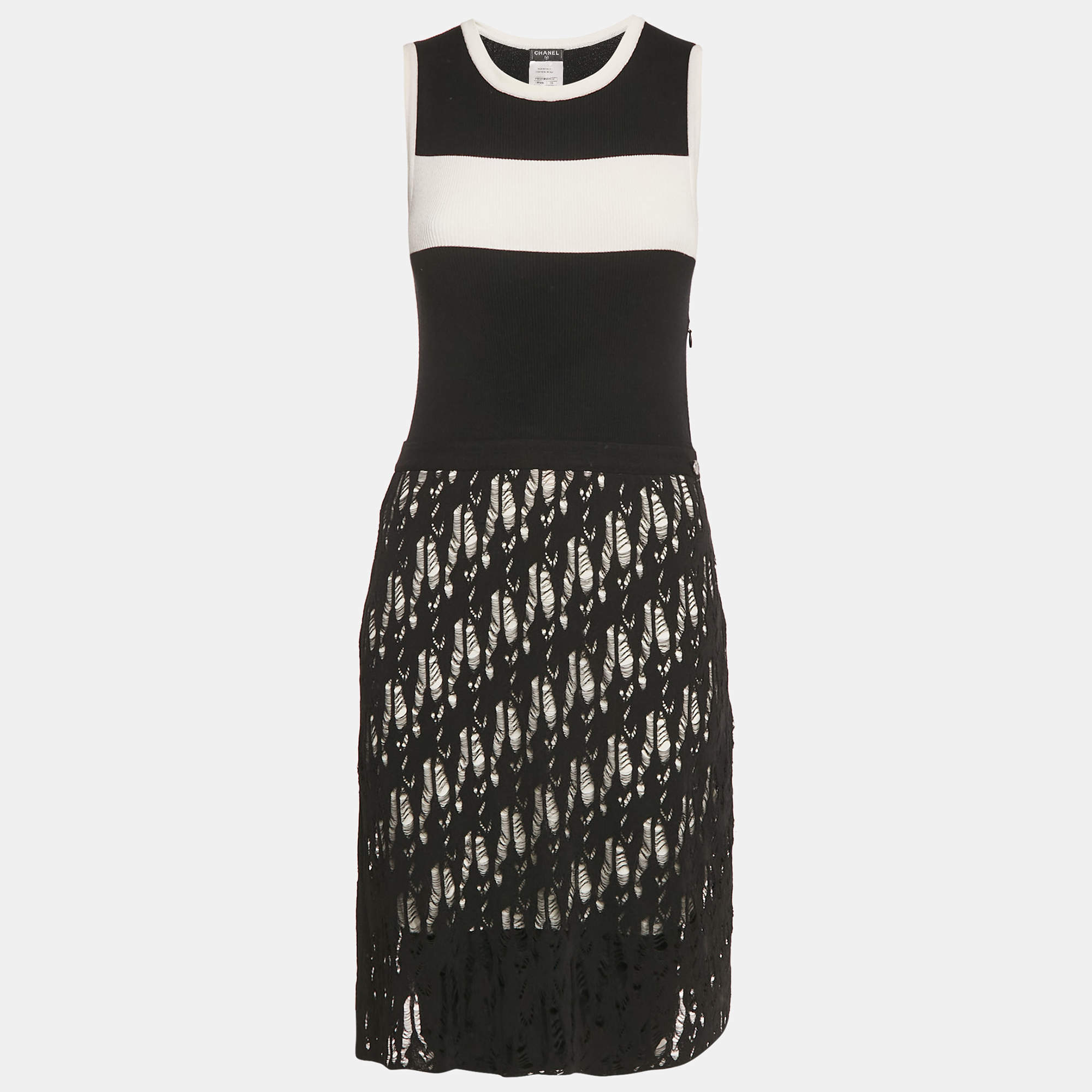 Chanel Black Rib Knit and Patterned Knit Sleeveless Short Dress M
