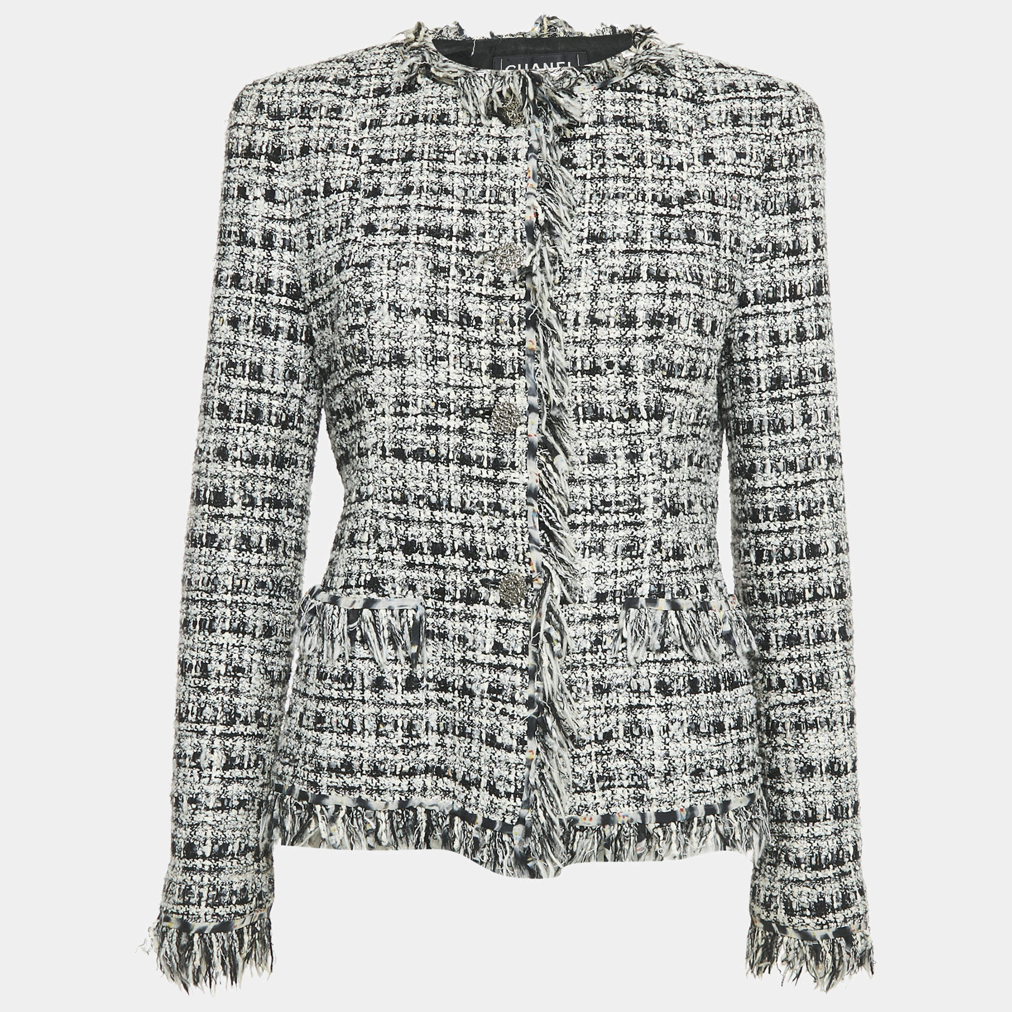 Pre Owned Chanel Black/White Tweed Fringed Button Front Jacket L