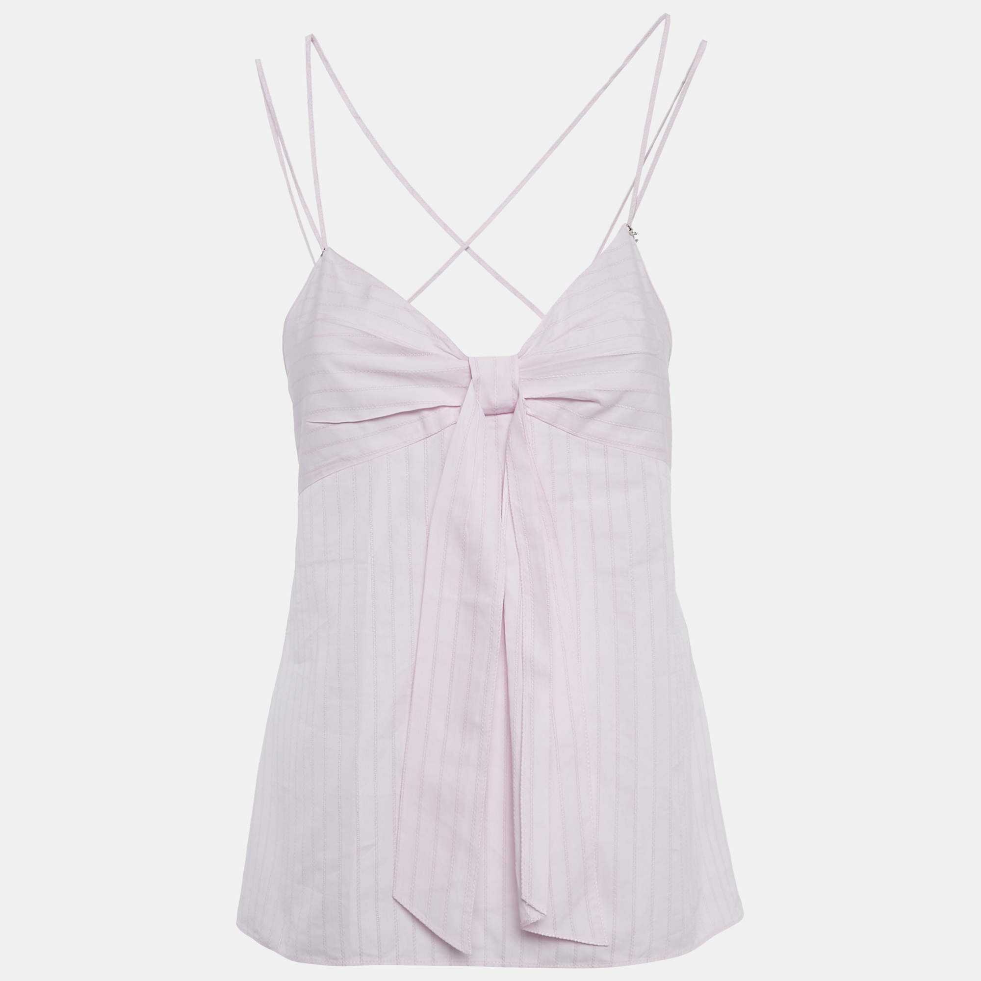 Pre Owned Chanel Pink Stripe Pattern Cotton Blend Knotted Cami Top M