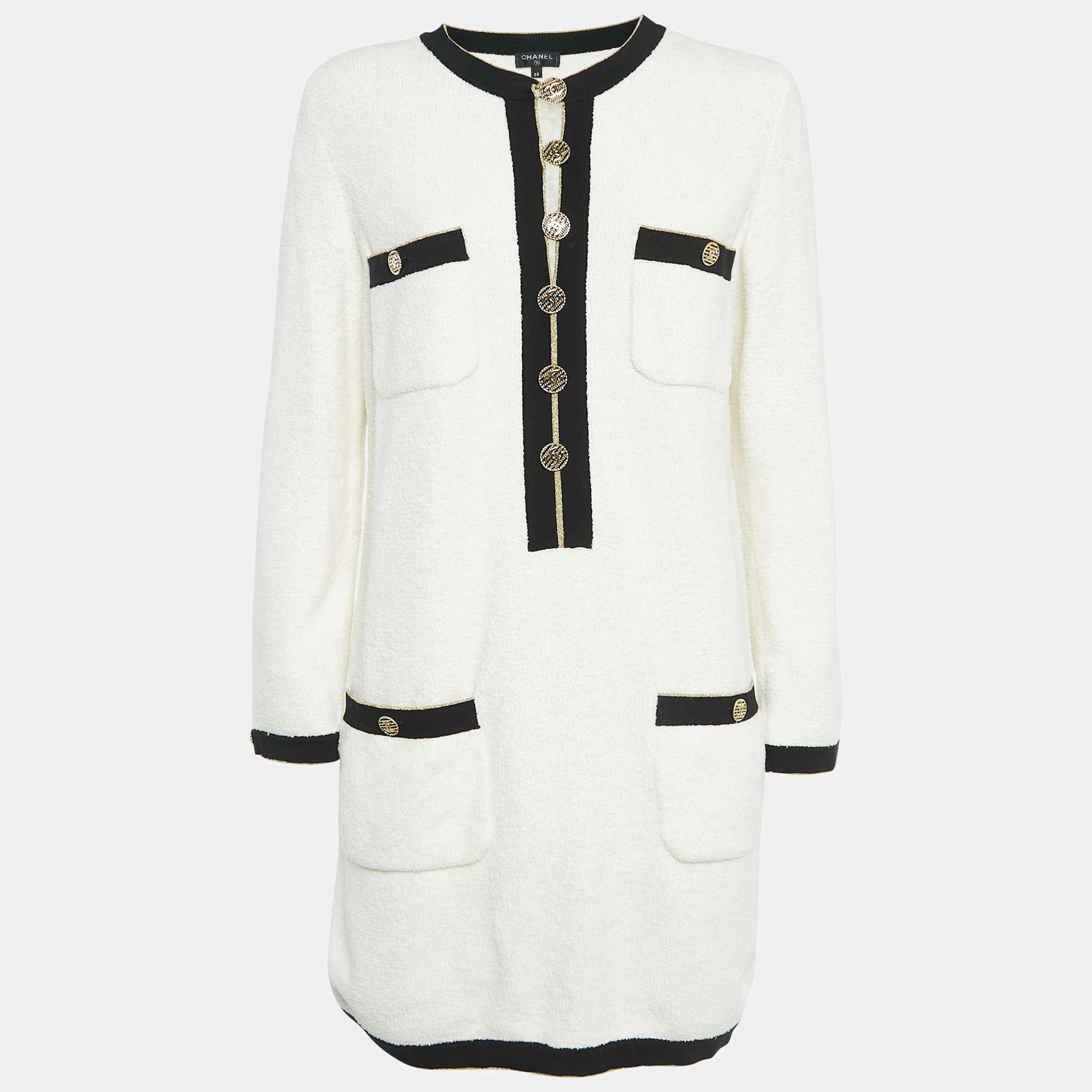 Chanel White Terry Cotton Knit Embellished Button Short Dress M