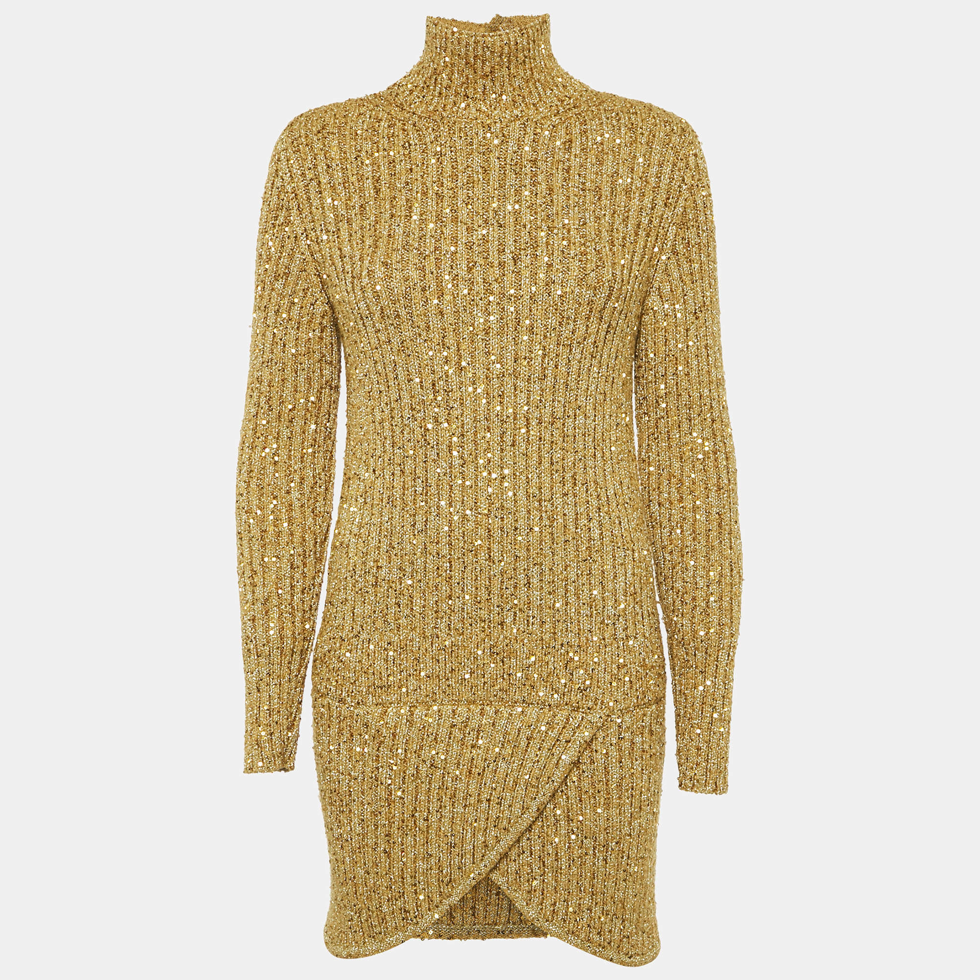 Chanel Gold Sequin Embellished Rib Knit Mini Sweater Dress S