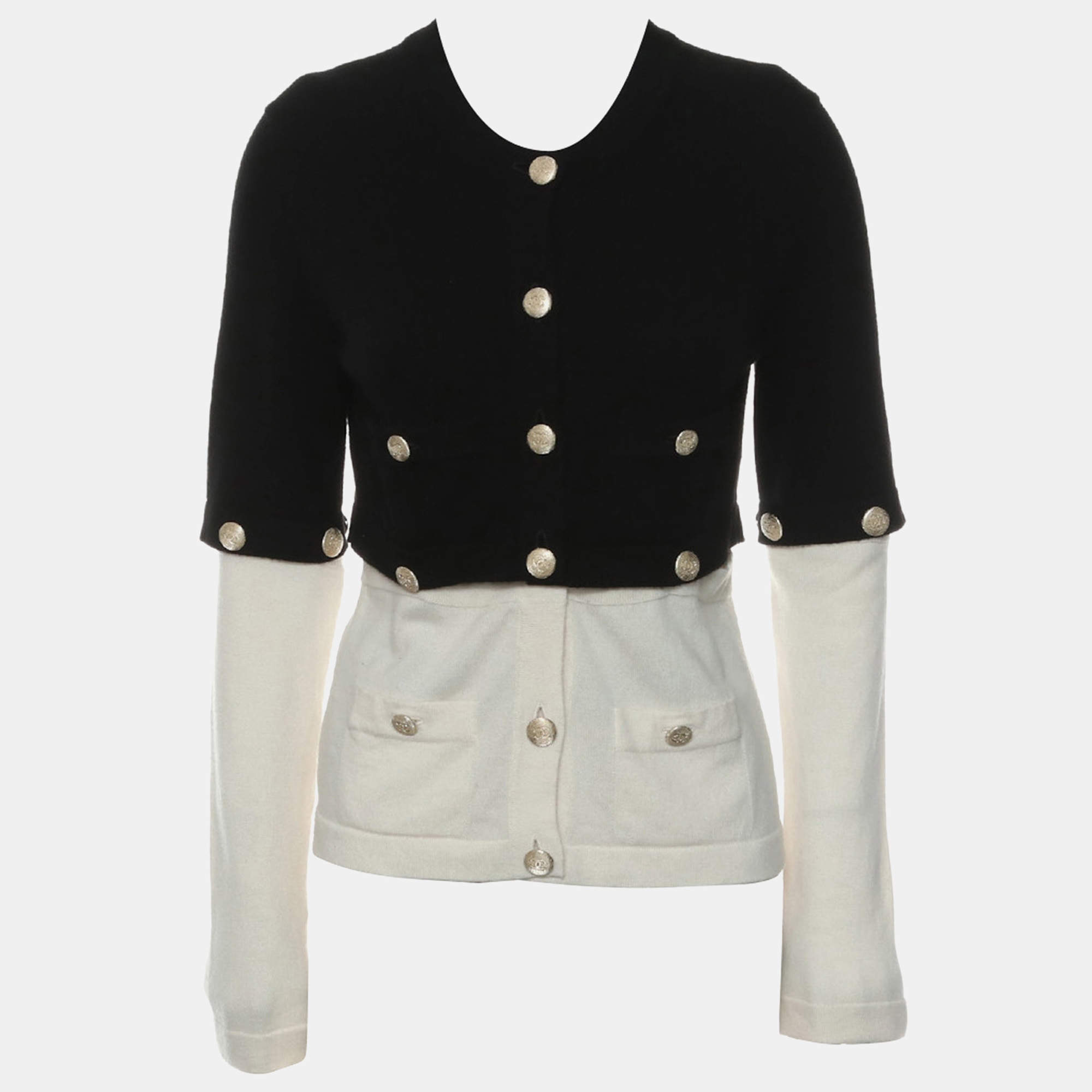 Pre Owned Chanel Black & Off-White Cashmere Detachable Buttoned Cardigan FR Women 36