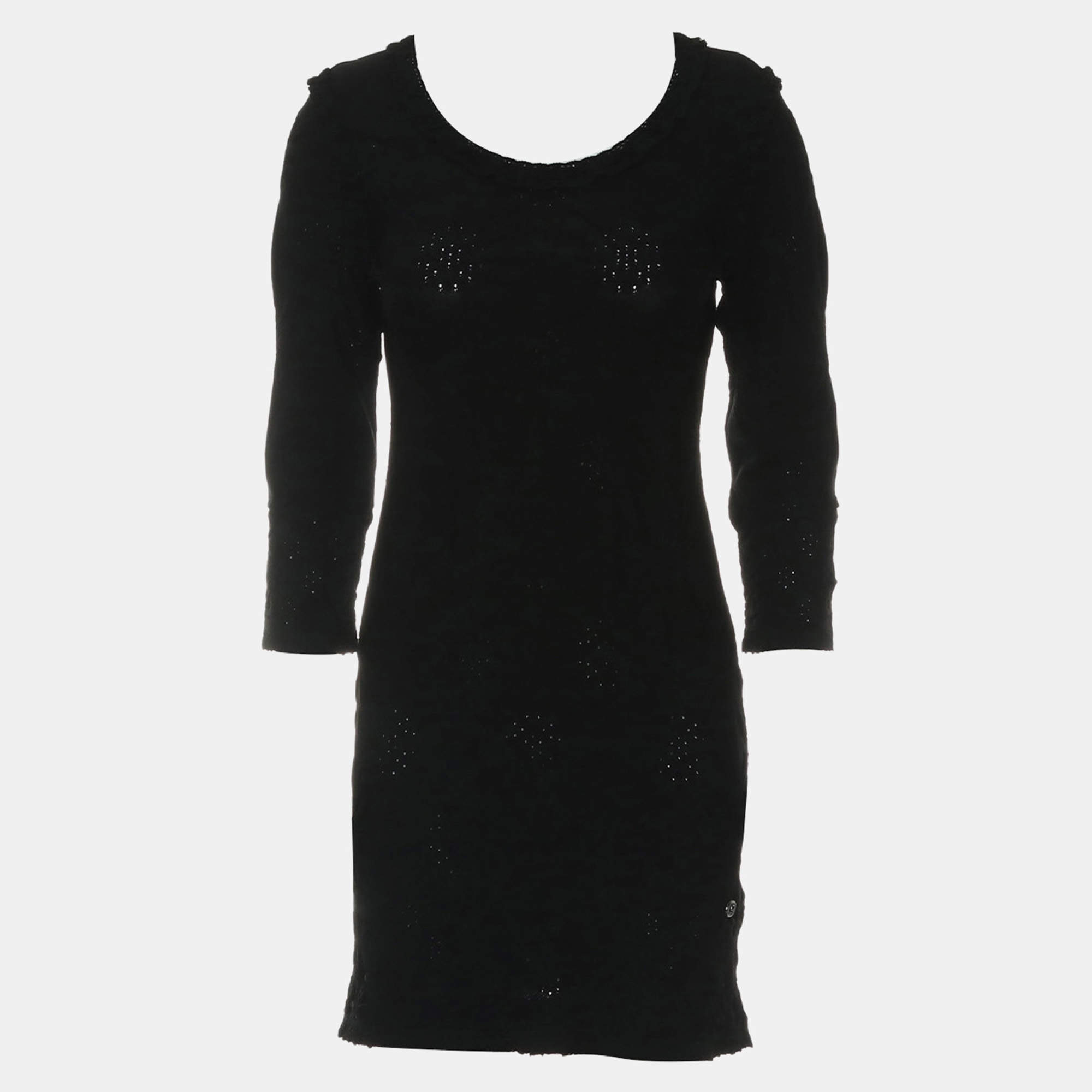 Chanel Black Rayon Ruffle-Trim Long Sleeve Dress FR Women 34