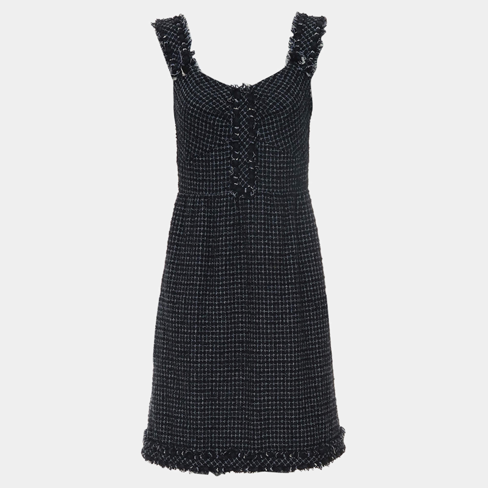 Chanel Dark Blue Tweed Sleeveless Dress FR Women 40