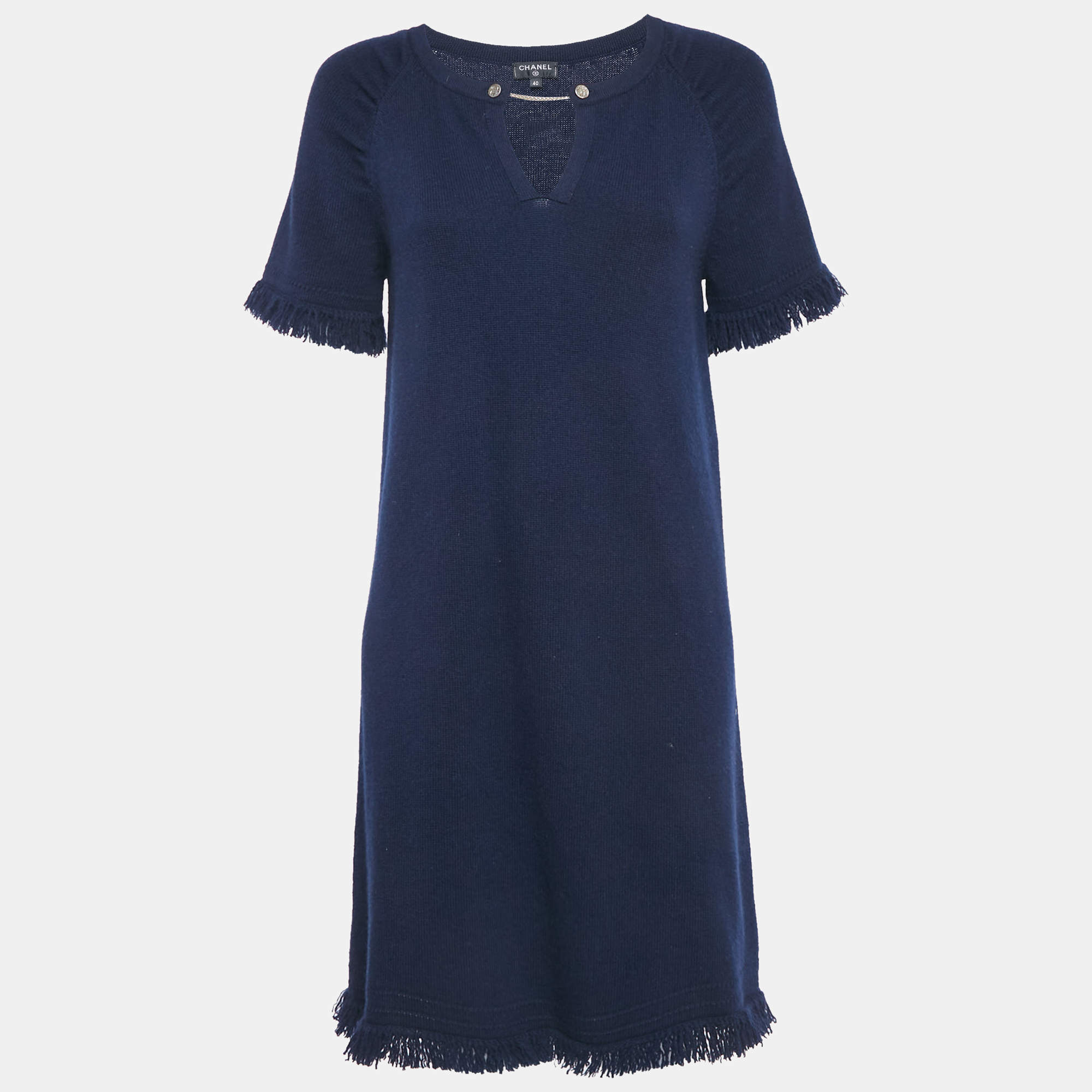 Chanel Navy Blue Fringed Cashmere Knit Short Dress M