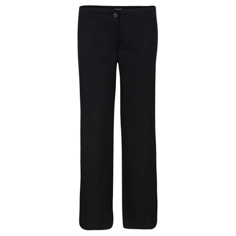 Pre Owned Chanel Black Wool Top Stitch Detail Wide Leg Trousers L