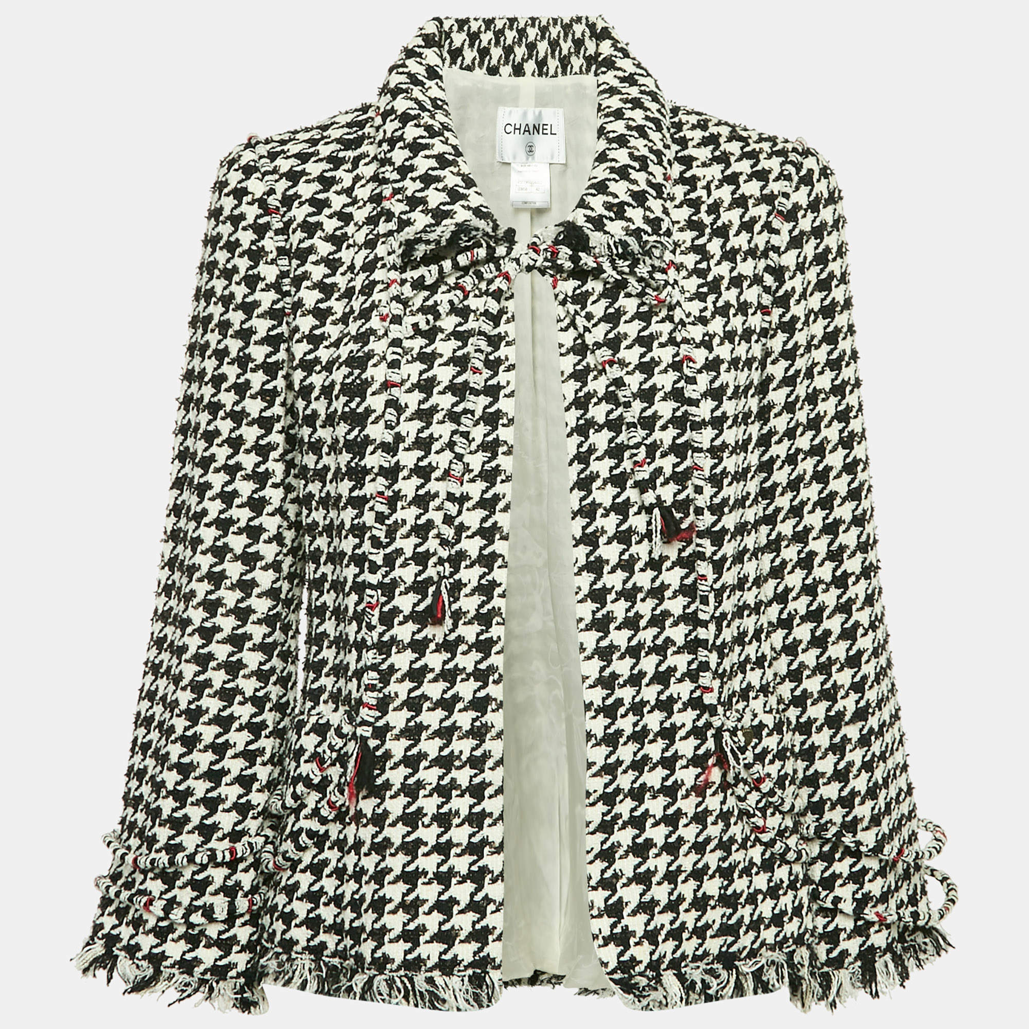 Chanel Black Houndstooth Tweed Open Front Jacket L