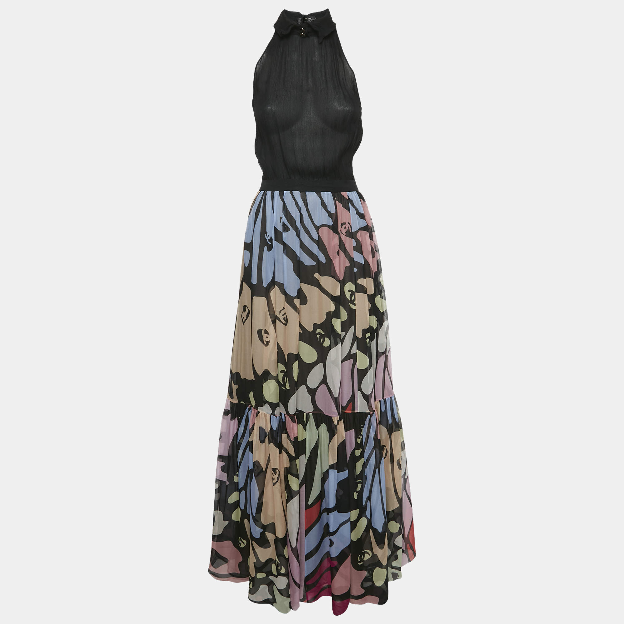 Chanel Black CC Silk Sleeveless Maxi Dress M