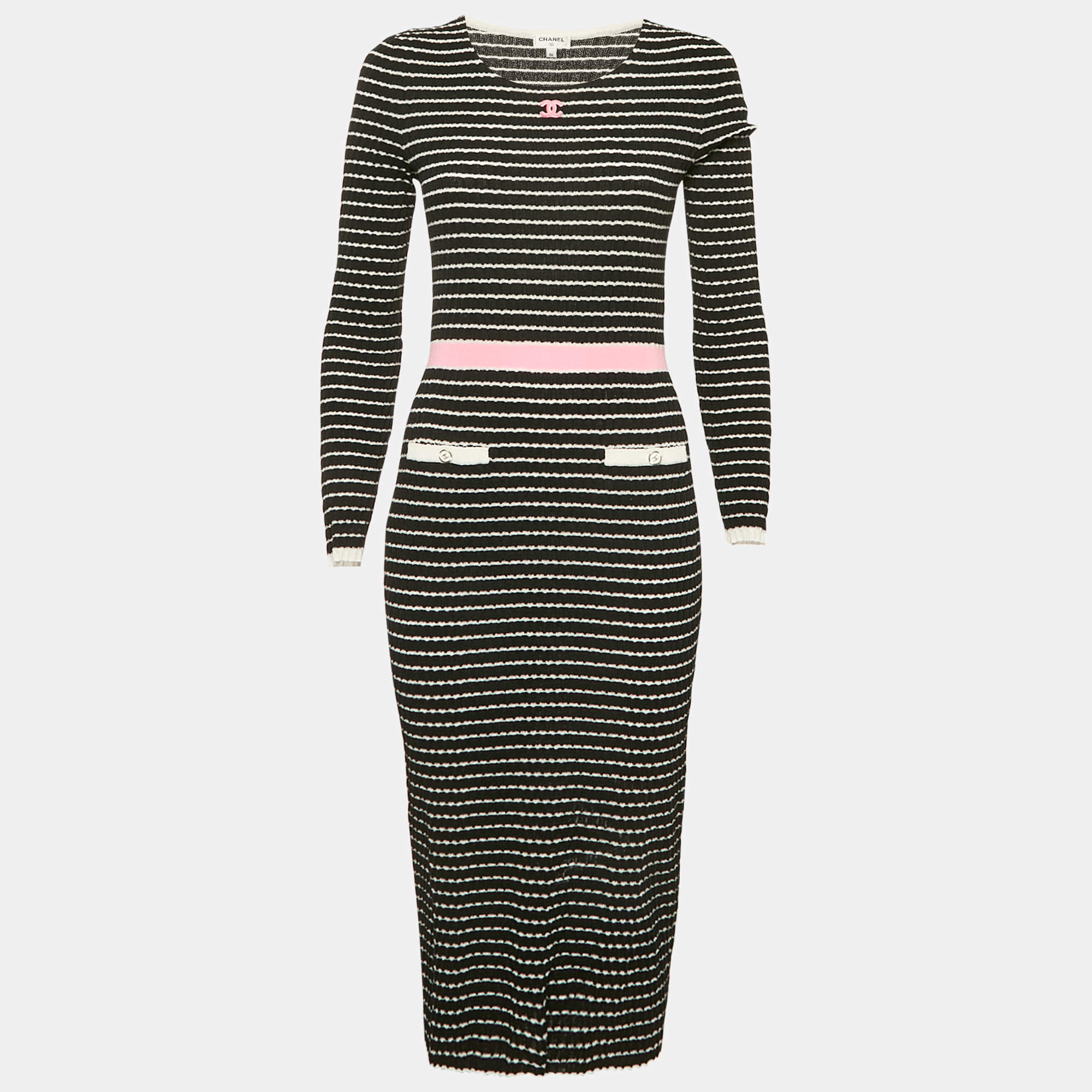 Chanel Black Patterned Knit Midi Dress S