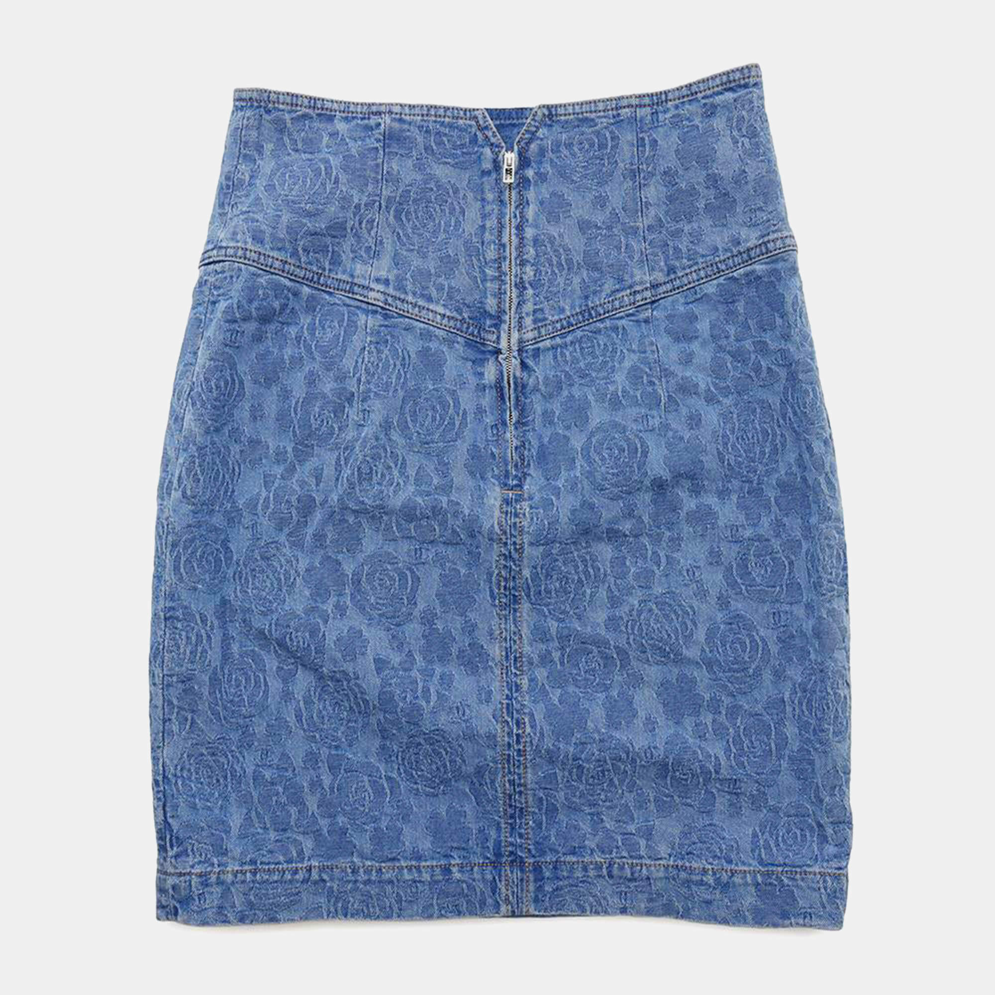 Chanel Cc Logo Camellia Skirt Size 36 Blue Cotton100%