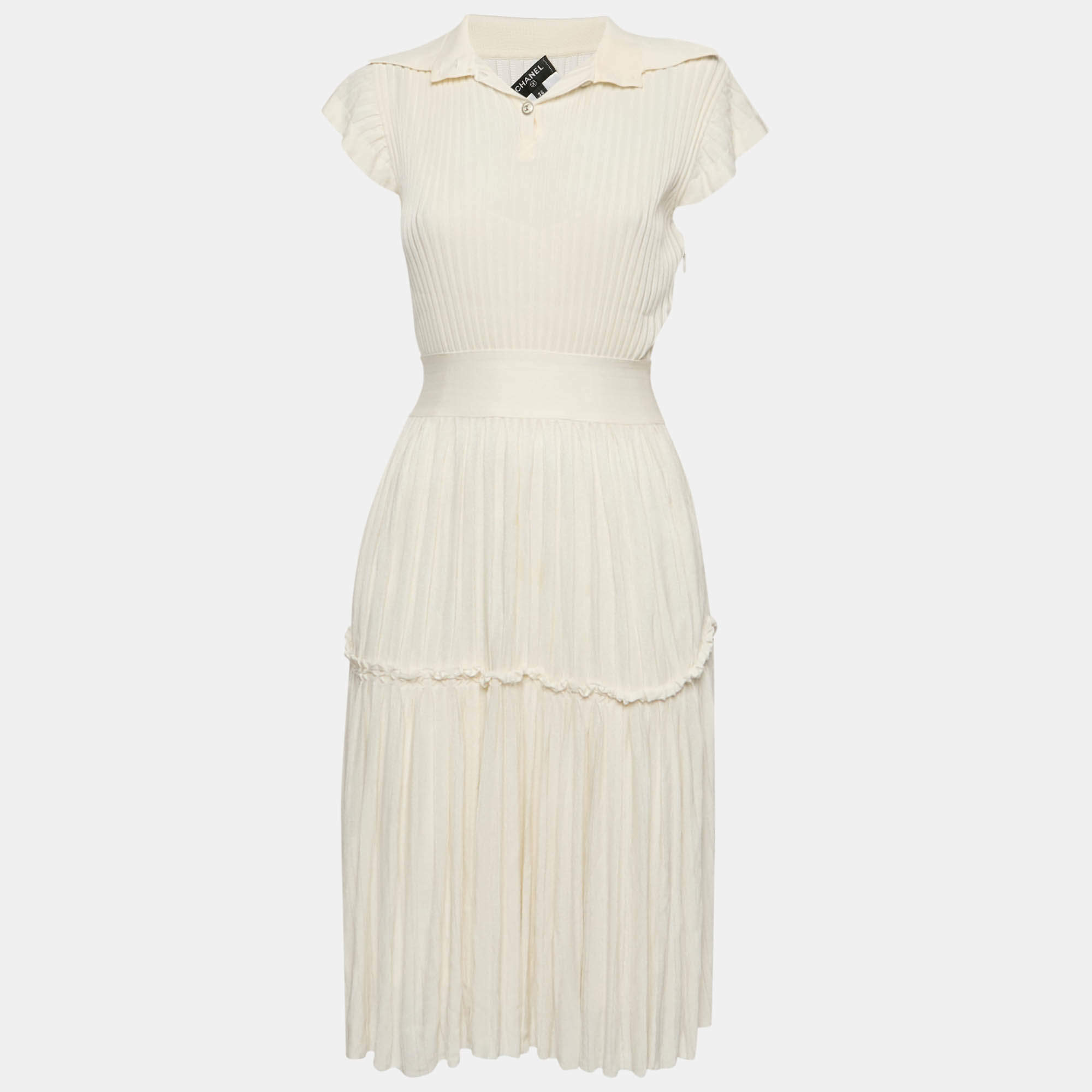 Pre Owned Chanel Off-White Knit Pleated Knee-Length Dress M