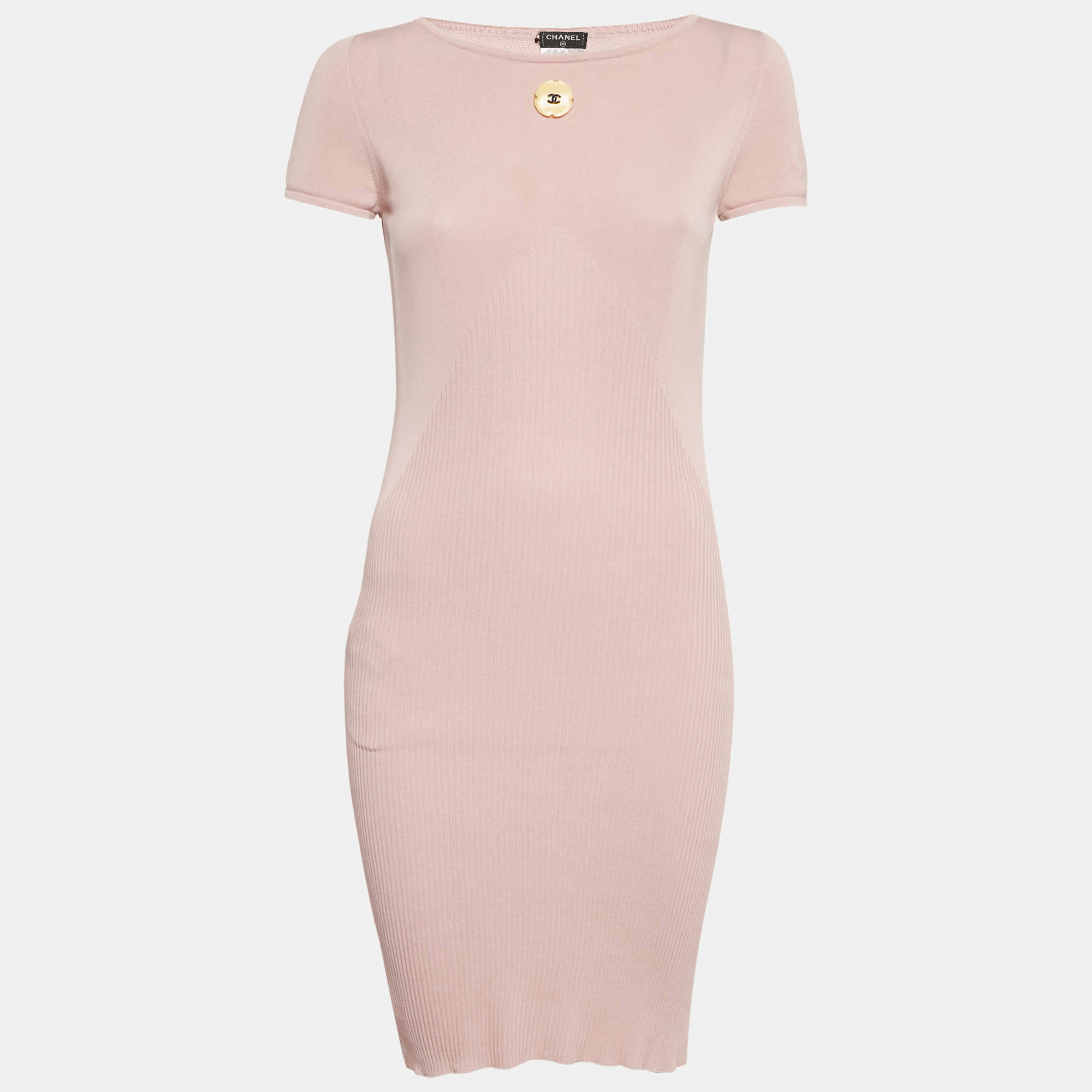 مملوكة مسبقًا Chanel Light Pink Knit Bodycon Dress S