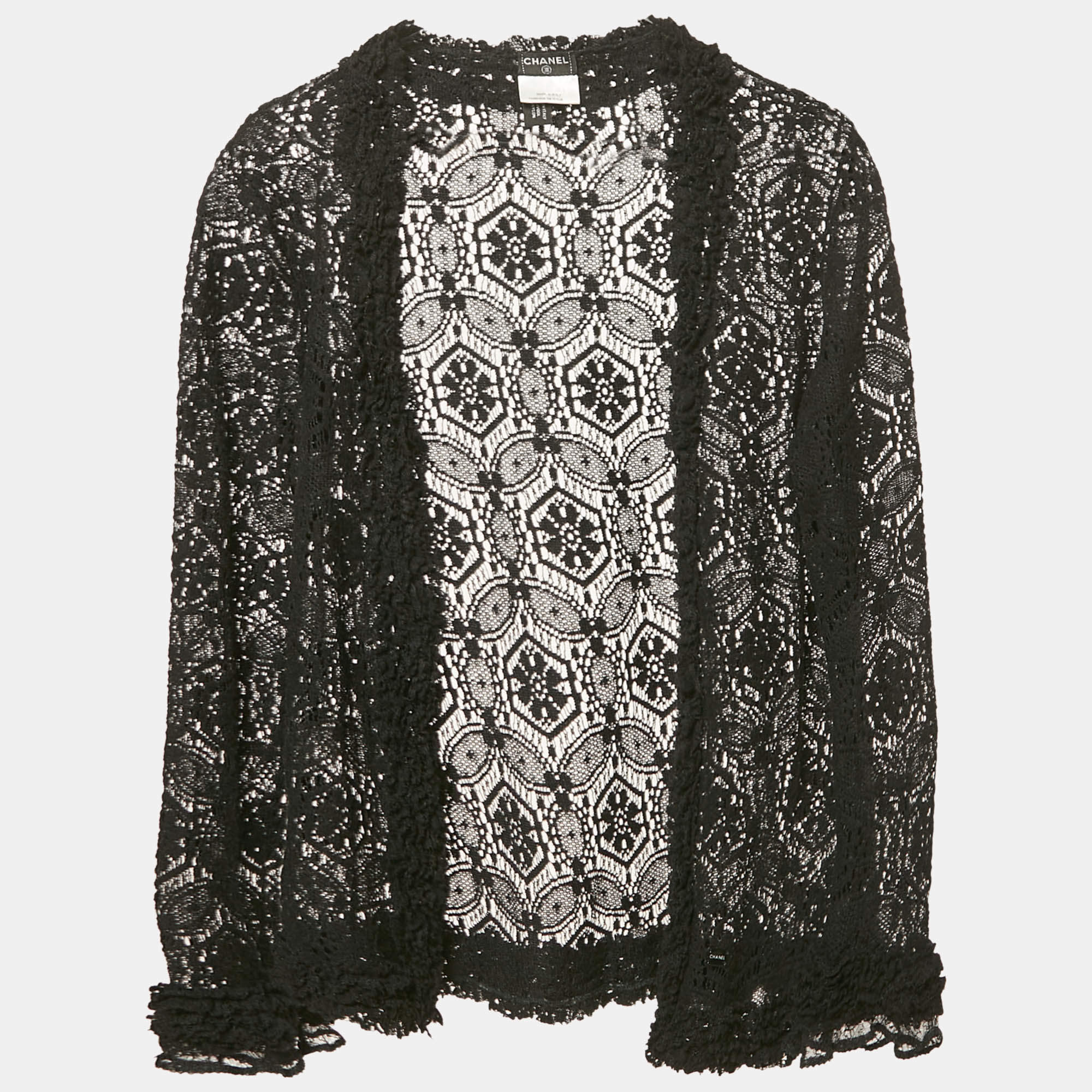 Chanel Black Lace Ruffled Open Front Cardigan M 