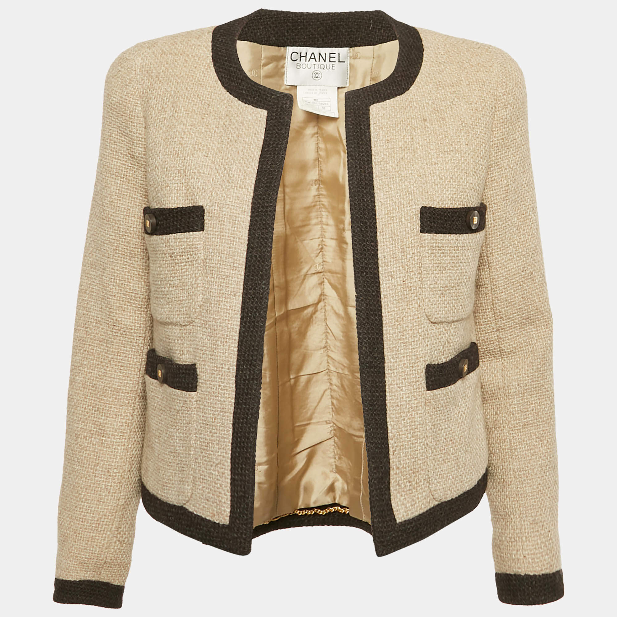 مملوكة مسبقًا Chanel Beige Wool Contrast Detail Open Front Jacket M