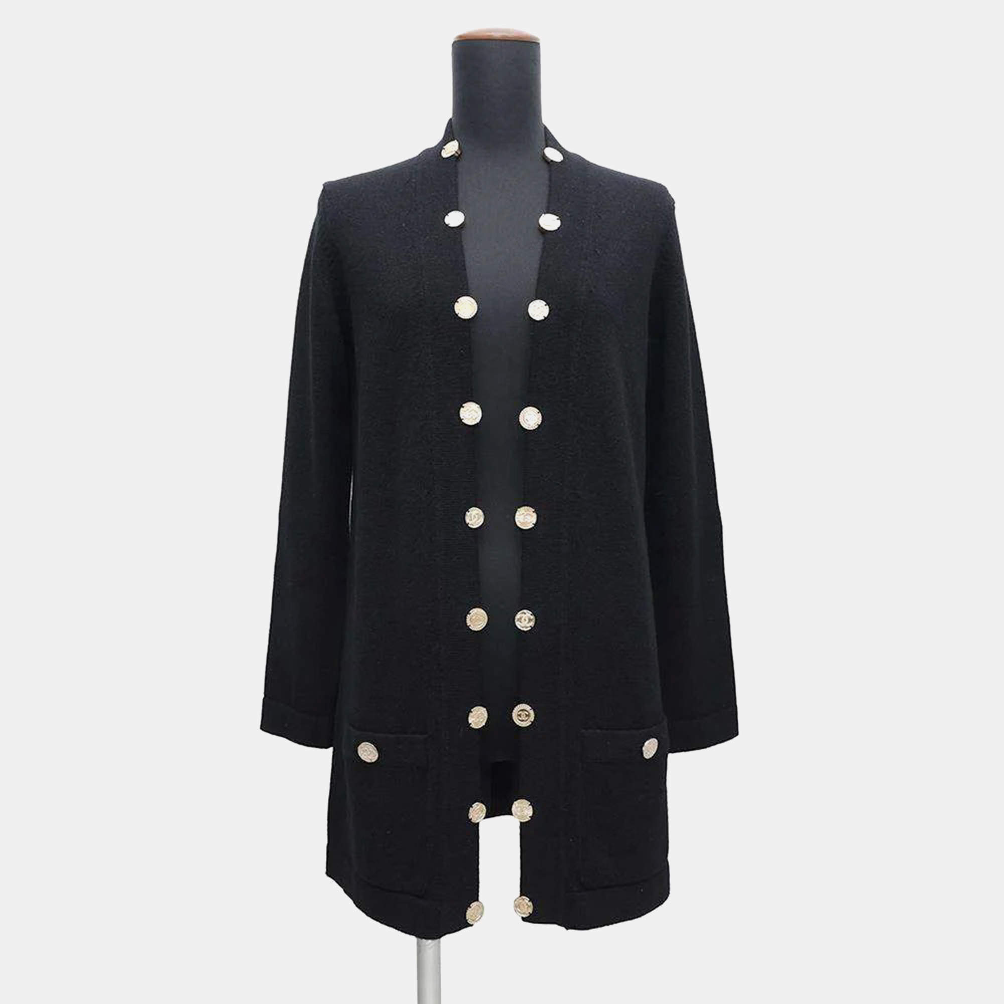 Chanel Long Knit Cardigan Size 36 Black Cashmere100%