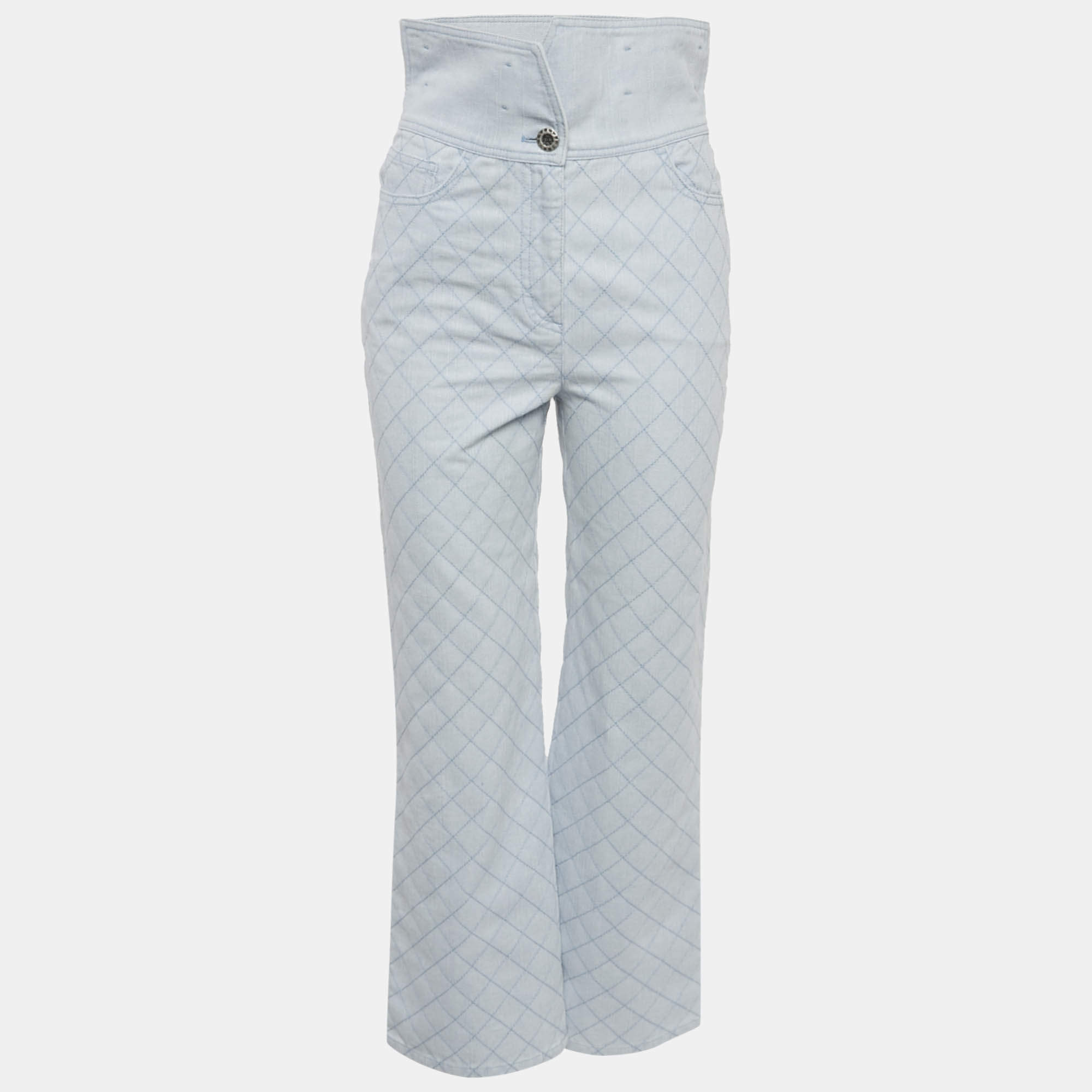 Chanel Blue Diamond Embroidered Denim Folded Waist Jeans S Waist 27"