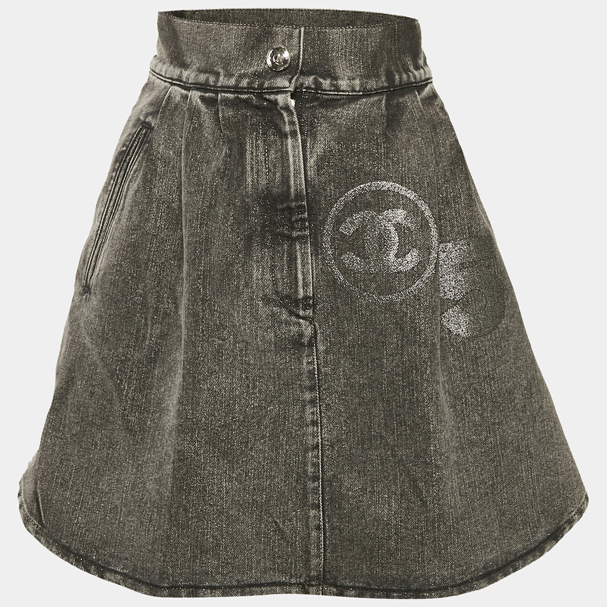 Chanel Grey Logo Applique Denim Skirt S